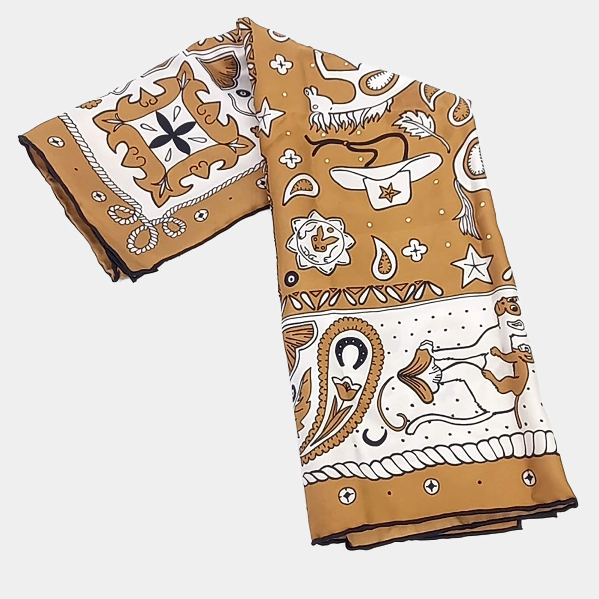 مملوكة مسبقًا وشاح هيرمس حرير بني وأبيض