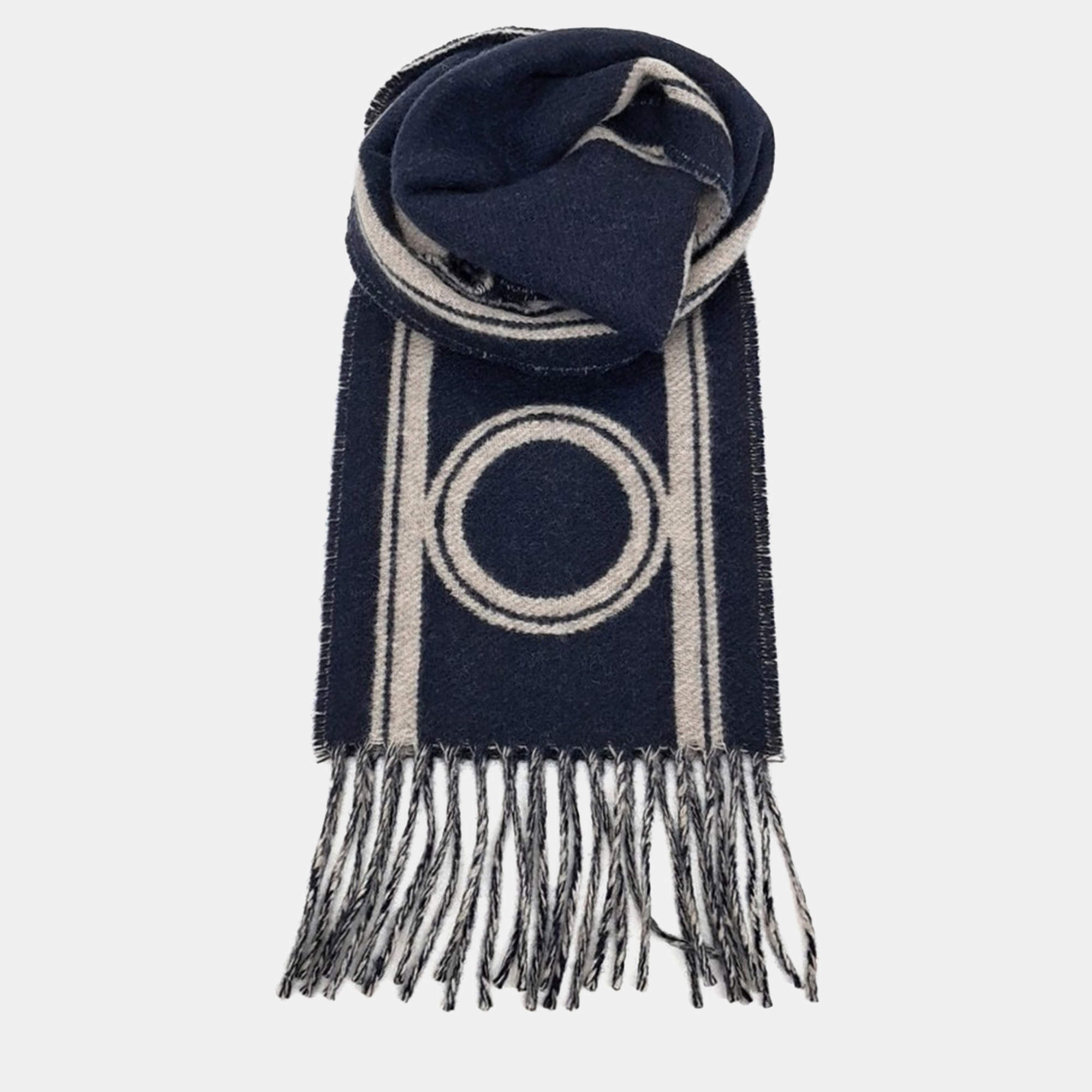 Pre Owned Hermes Beige, Navy Blue Cashmere Muffler