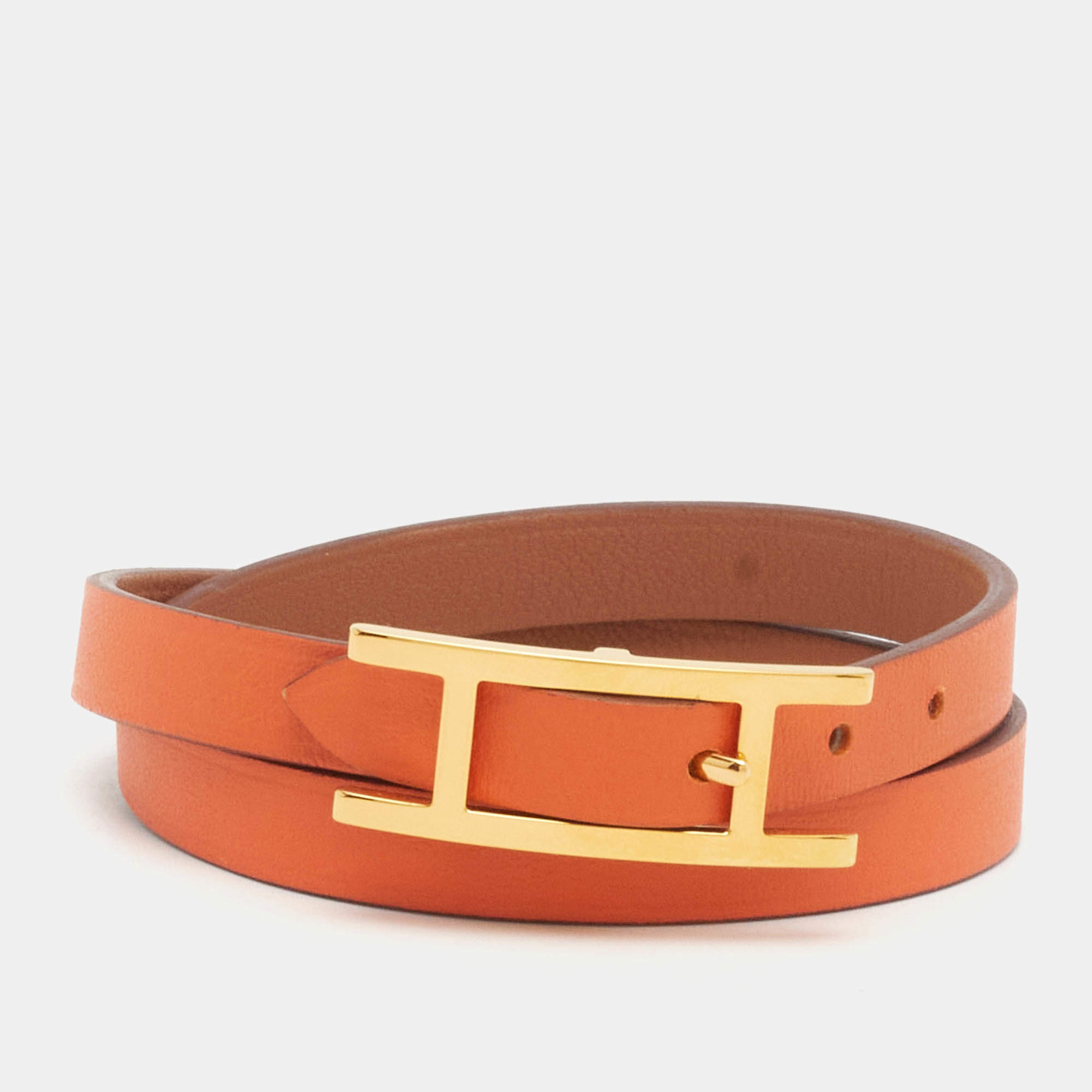Pre Owned Hermes Behapi Brown/Orange Reversible Gold Plated Bracelet