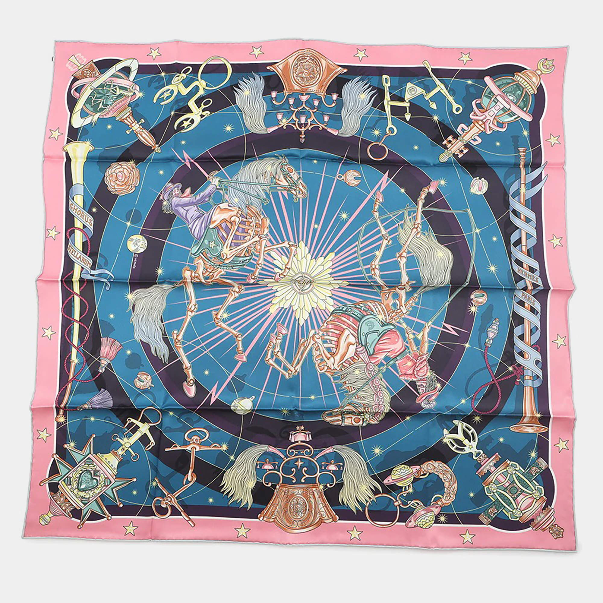 Pre Owned Hermes Carre Chorus Stellarum Size 70 Rose/Blue Cobalt/Multicolor Silk100%