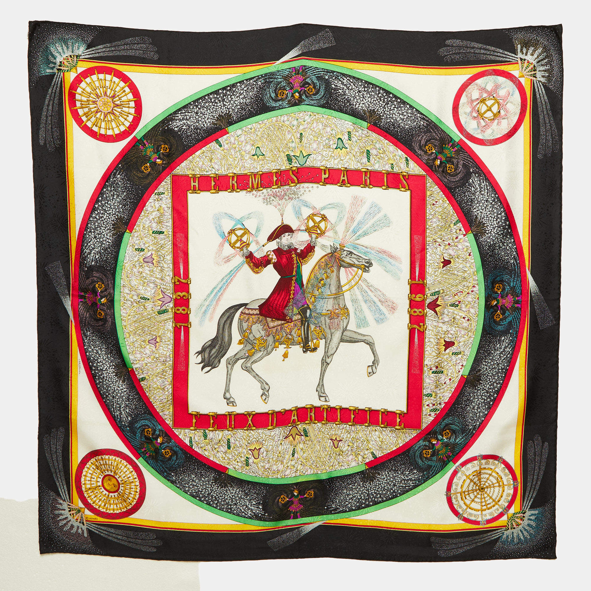 Pre Owned Hermes Black Feux d'Artifice Silk Scarf