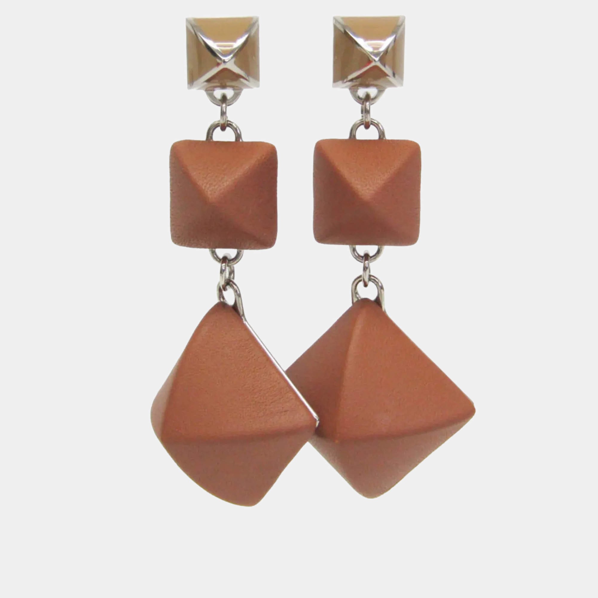 مملوكة مسبقًا Hermes Medor Gaine GM Leather,Metal Stud Earrings Brown