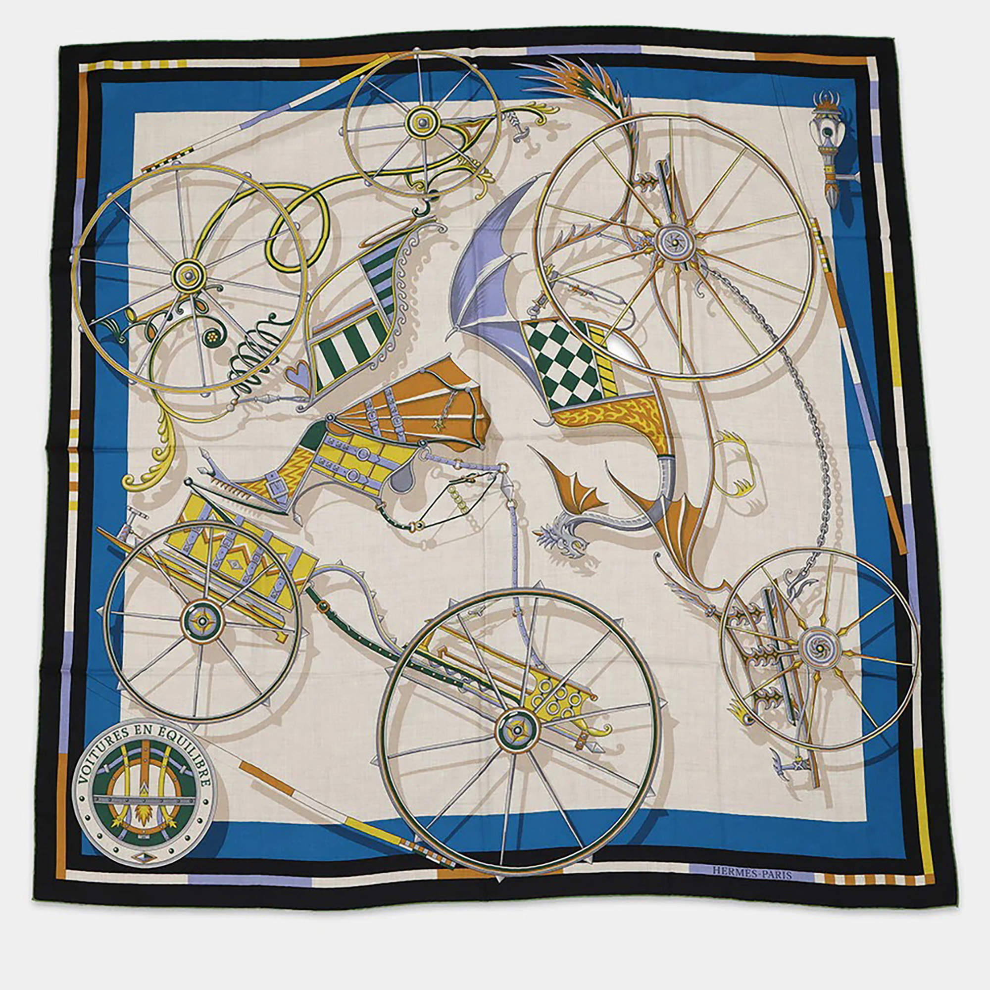 Pre Owned Hermes Giant Square Elaborate Carriage Voitures En Equilibre Fall/Winter 2023 Size 140 Black/Blue Cobalt/Natural Cashmere70% Silk30%