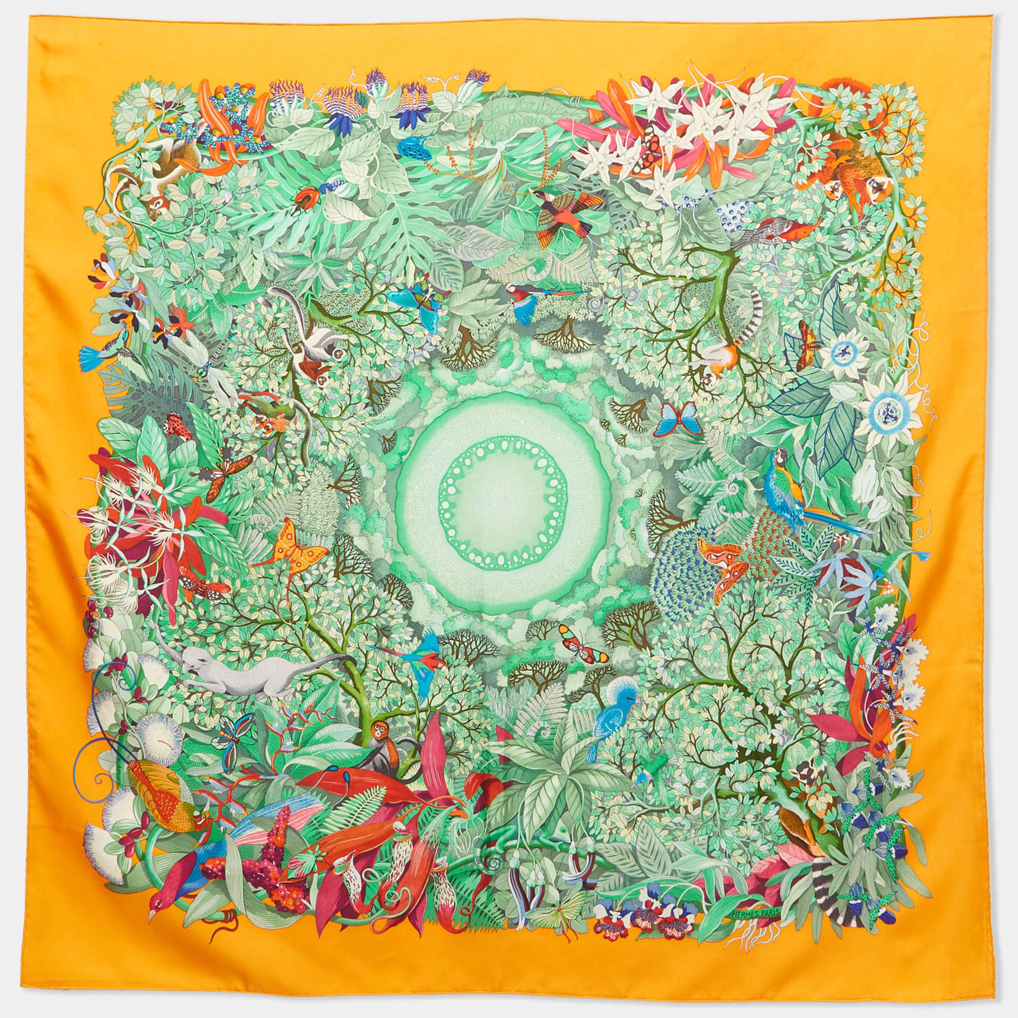 مملوكة مسبقًا Hermes Orange/Green Au Coeur de la Vie Silk Scarf