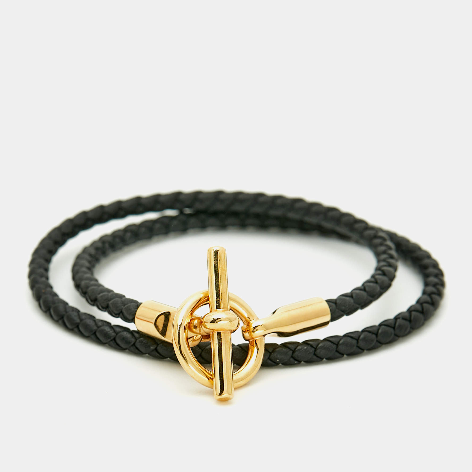 مملوكة مسبقًا Hermes Glenan Leather Gold Plated Double Tour Bracelet