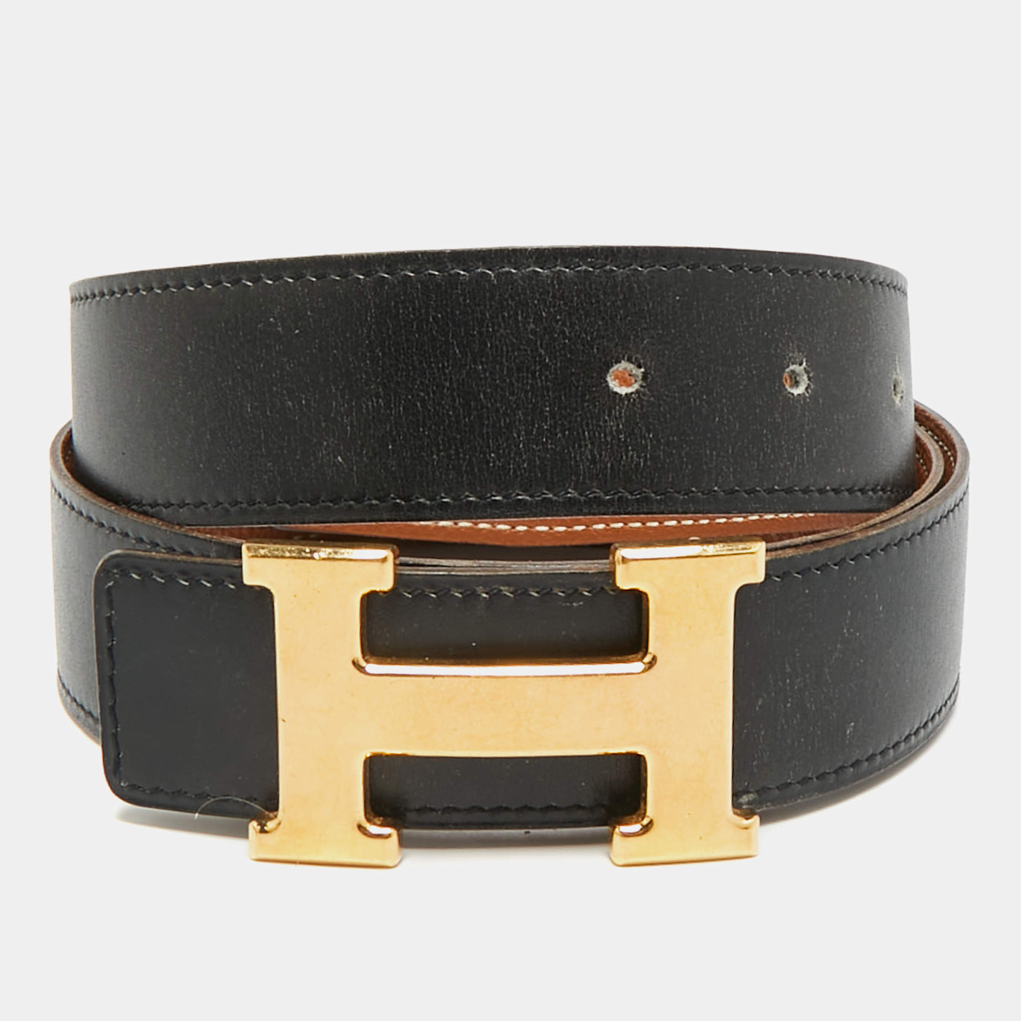 Pre Owned Hermès H 90 CM Reversible Buckle Belt Noir/Gold Box and Togo Leather