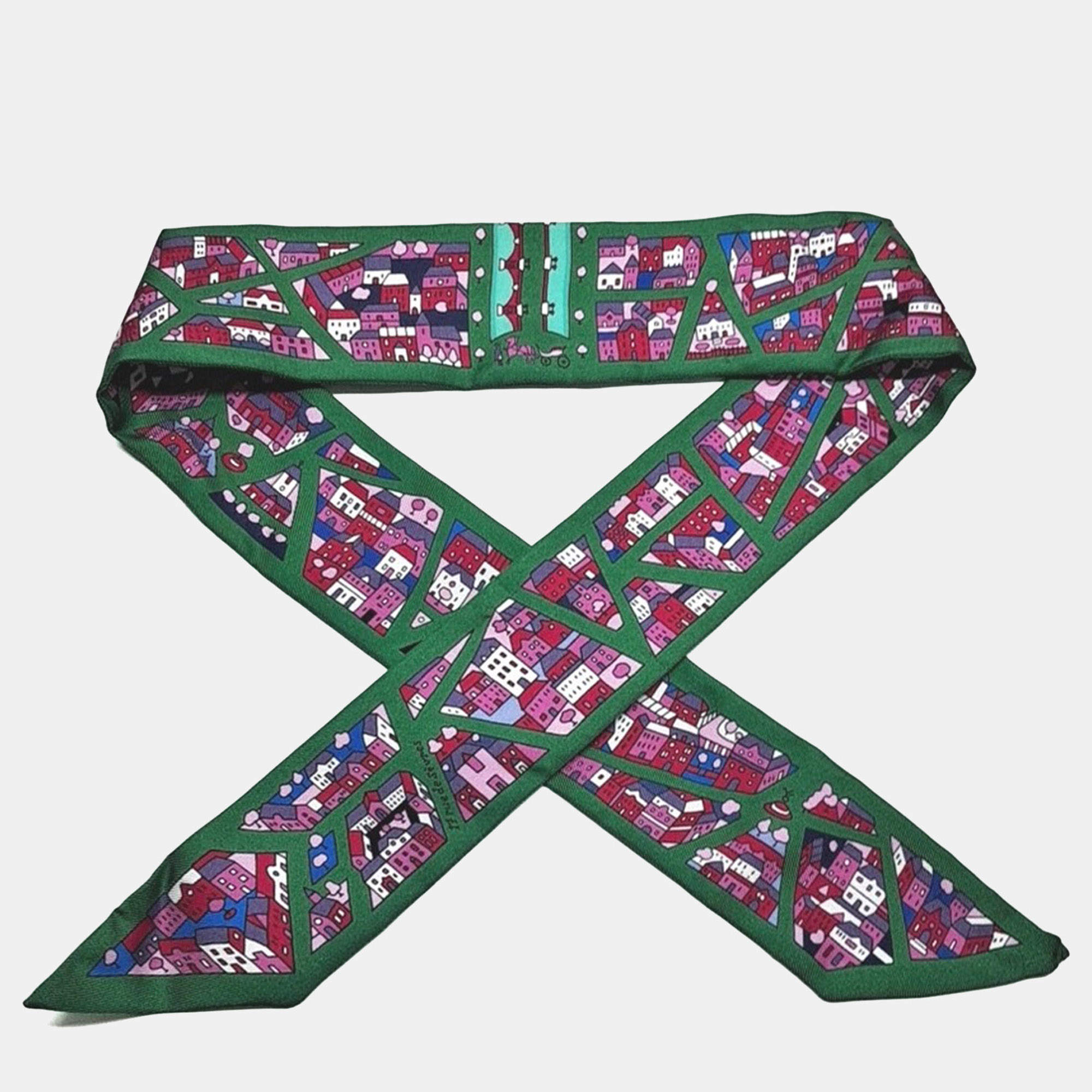 Pre Owned Hermes Green Multicolor Silk Twilly scarf