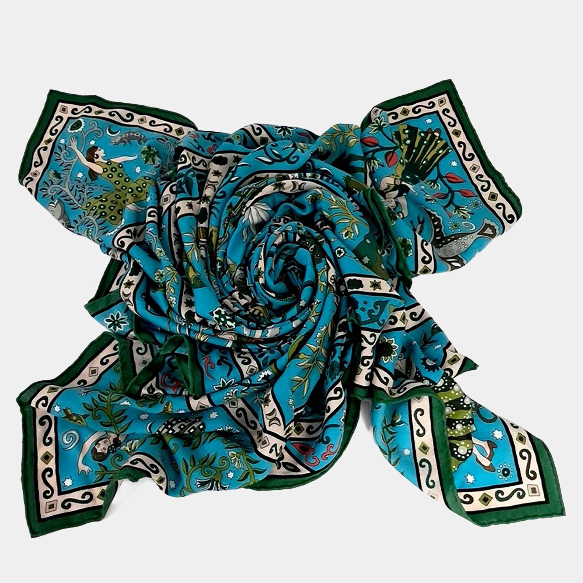 Pre Owned Hermes Turquoise Vert Peuple Du Vent Cashmere Silk GM Shawl