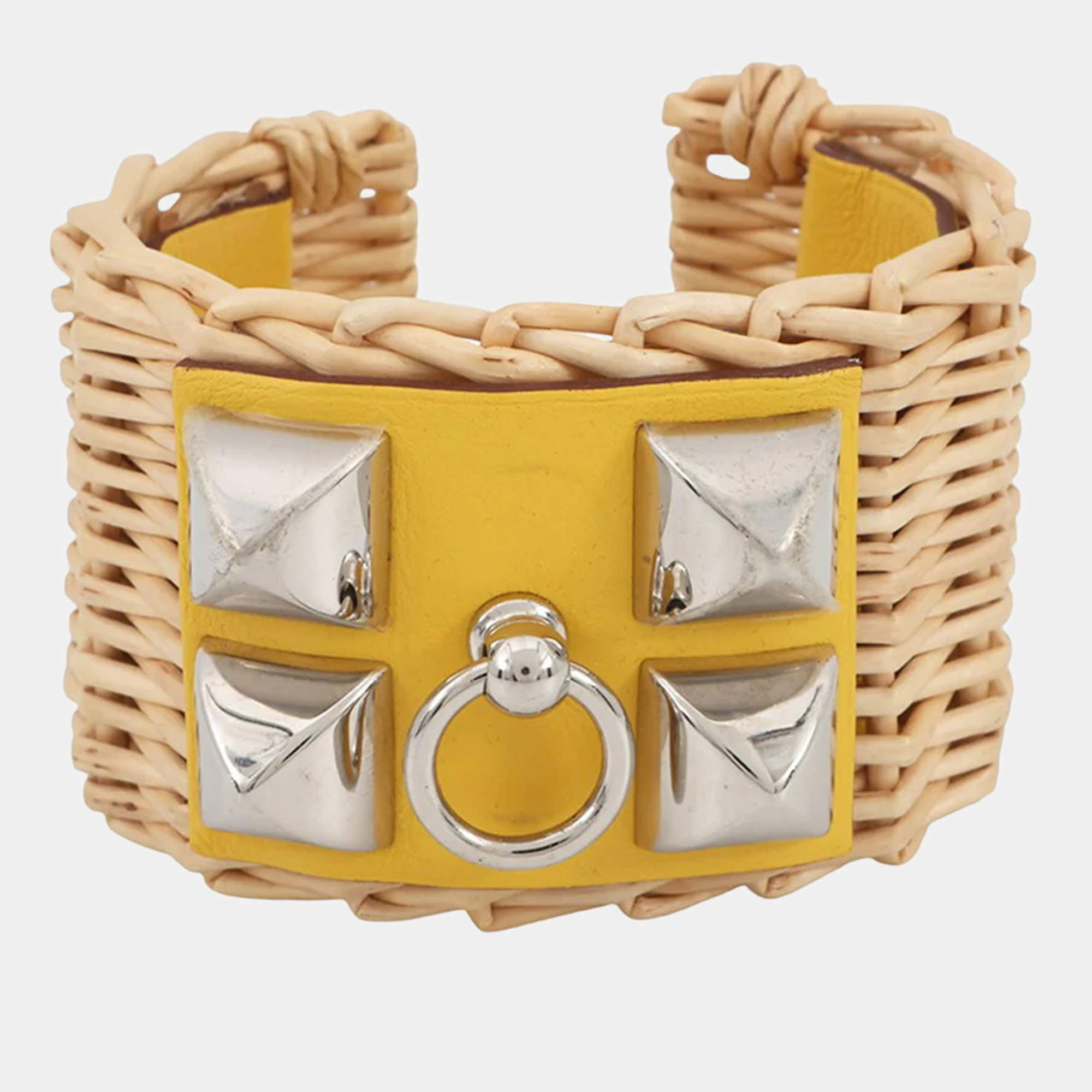 Pre Owned Hermes Medor Picnic Bangle Size T2 Lime Swift Leather Rattan