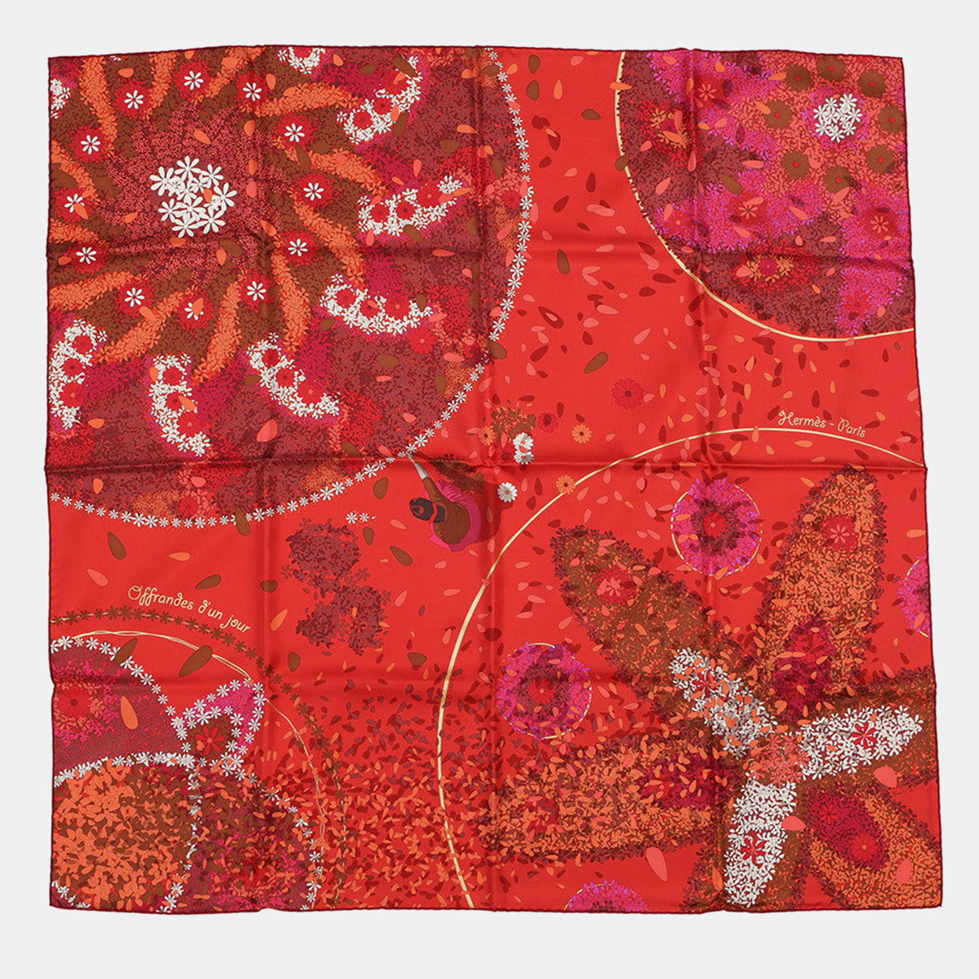 Pre Owned Hermes Flower Offerings Size 90 Red/Pink/White Silk 