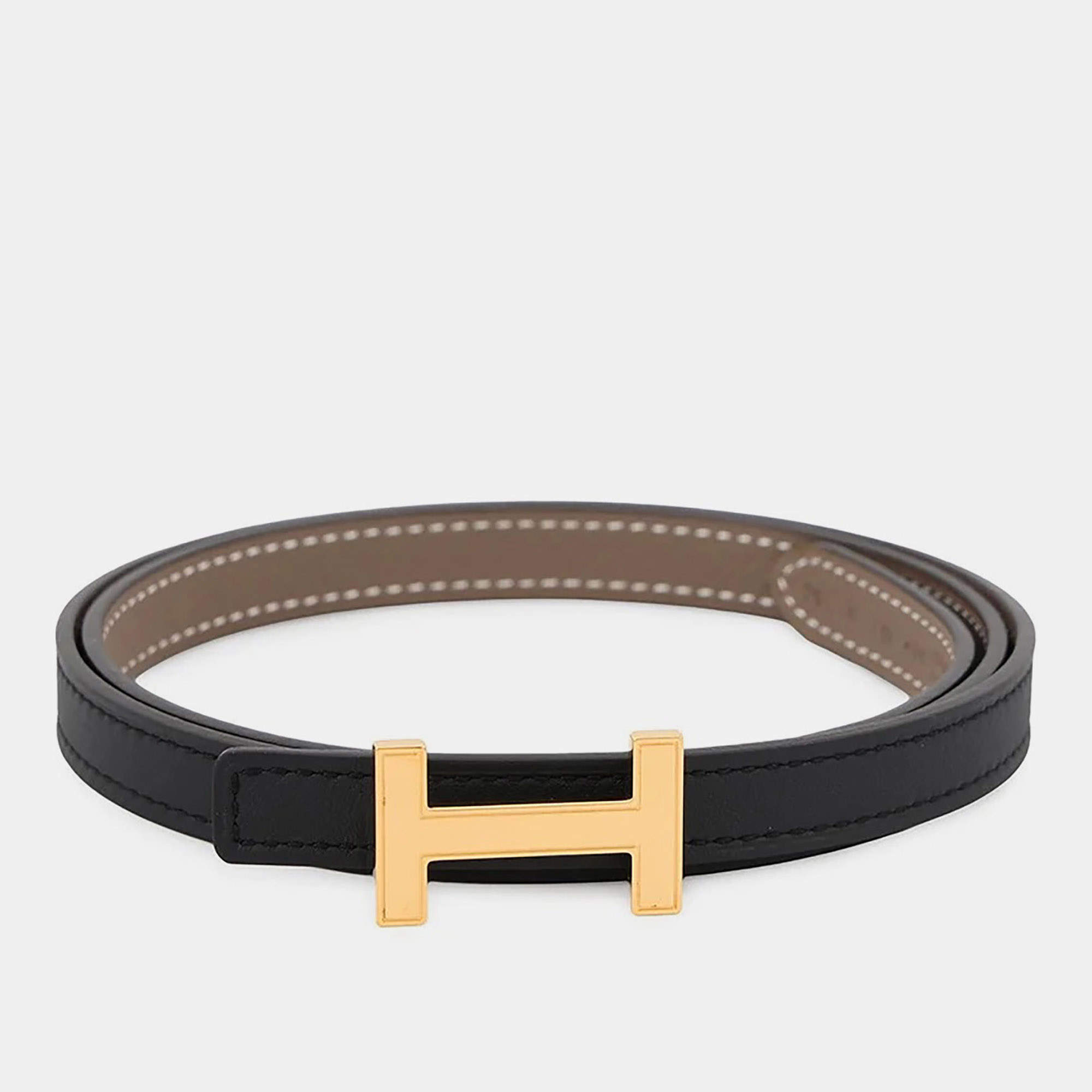 Pre Owned Hermes Focus Mini H Belt Reversible Size 75 Etoupe/Black Epsom Swift Leather