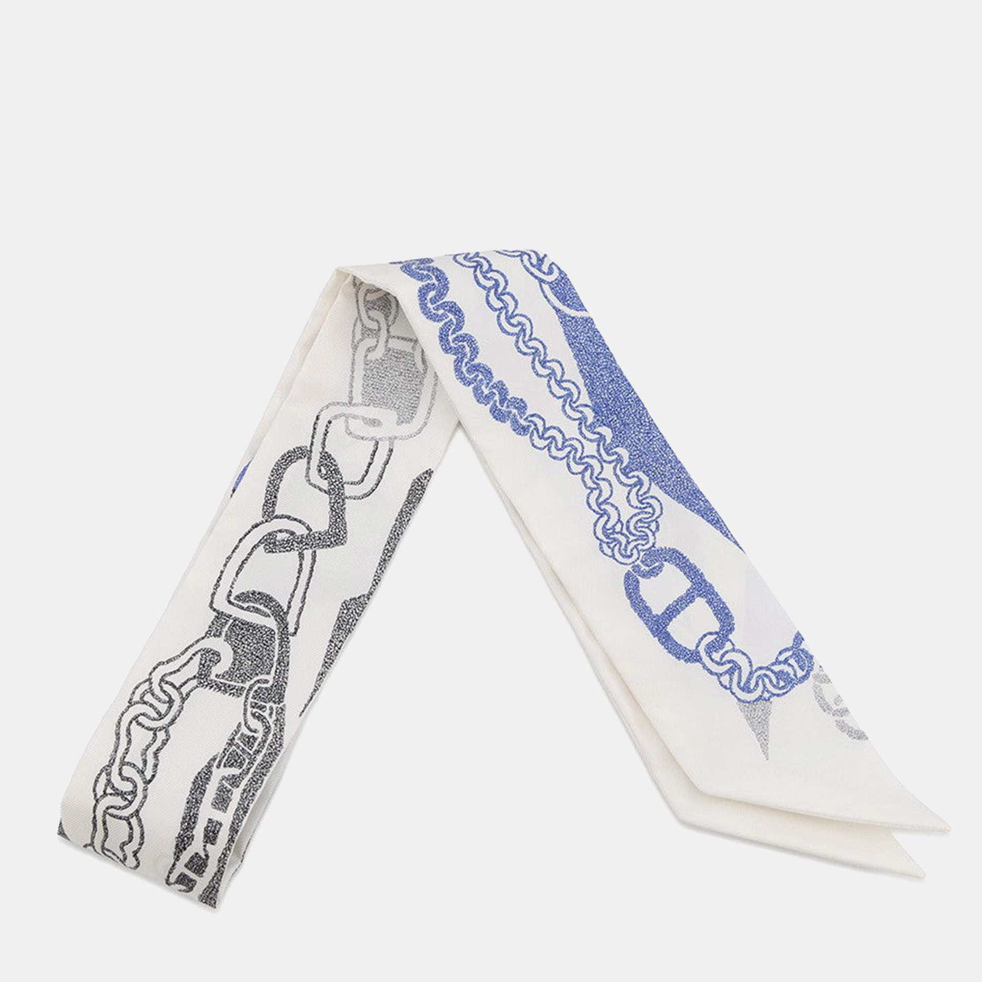 Pre Owned وشاح هيرميس حرير تويللي بوكل بوكليس إي ميالون أبيض/أنثراسيت/إنكر