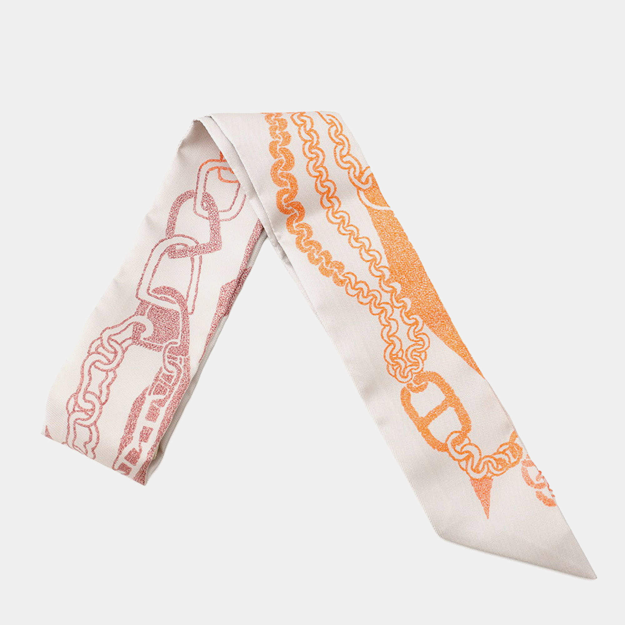 مملوكة مسبقًا Hermes Twilly Boucle Boucles Et Maillons Greige / Brique / Orange Silk100%