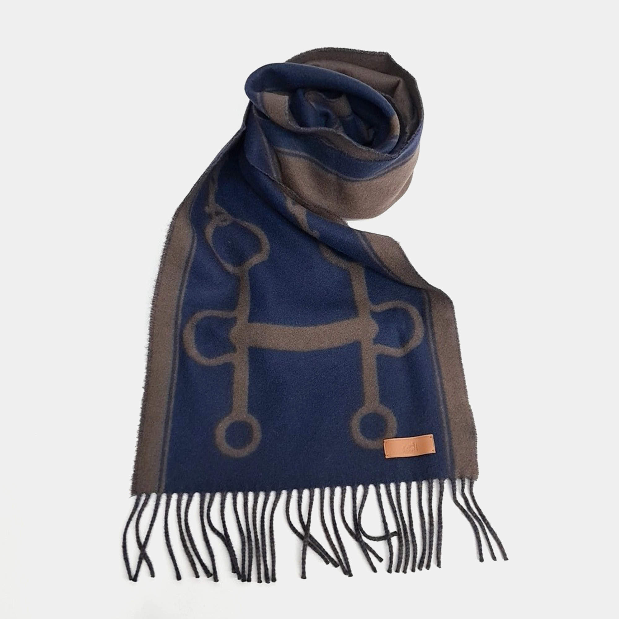 Pre Owned Hermès Brown/Navy Blue Cashmere Scarf