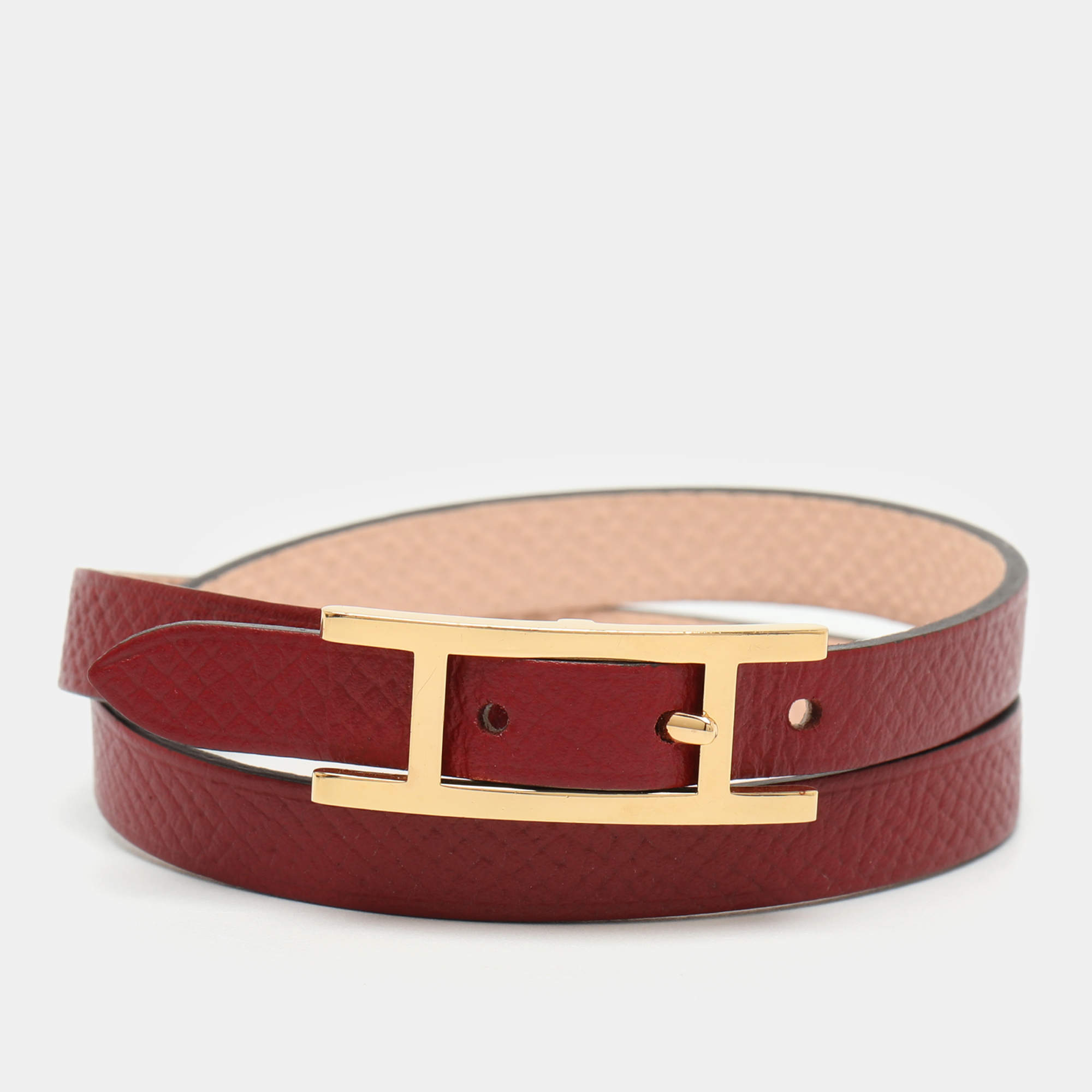 Pre Owned Hermès Behapi Pink/Red Leather Gold Tone Hardware Double Tour Bracelet S