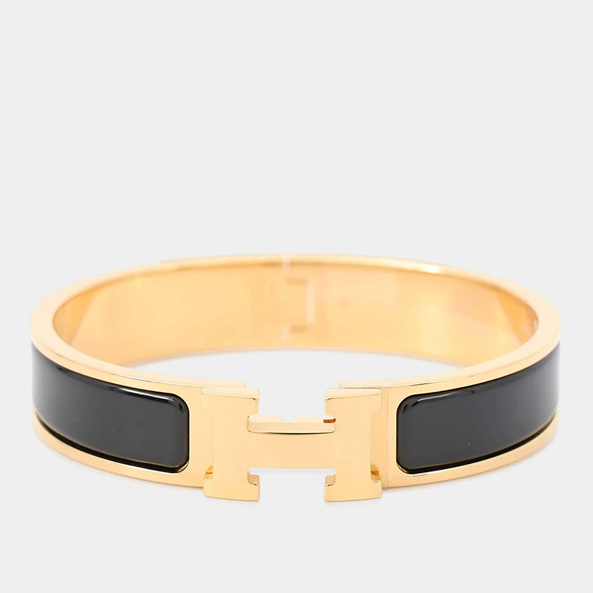 Pre Owned Hermes Clich Bangle Size Pm Black Gold Plated Enamel