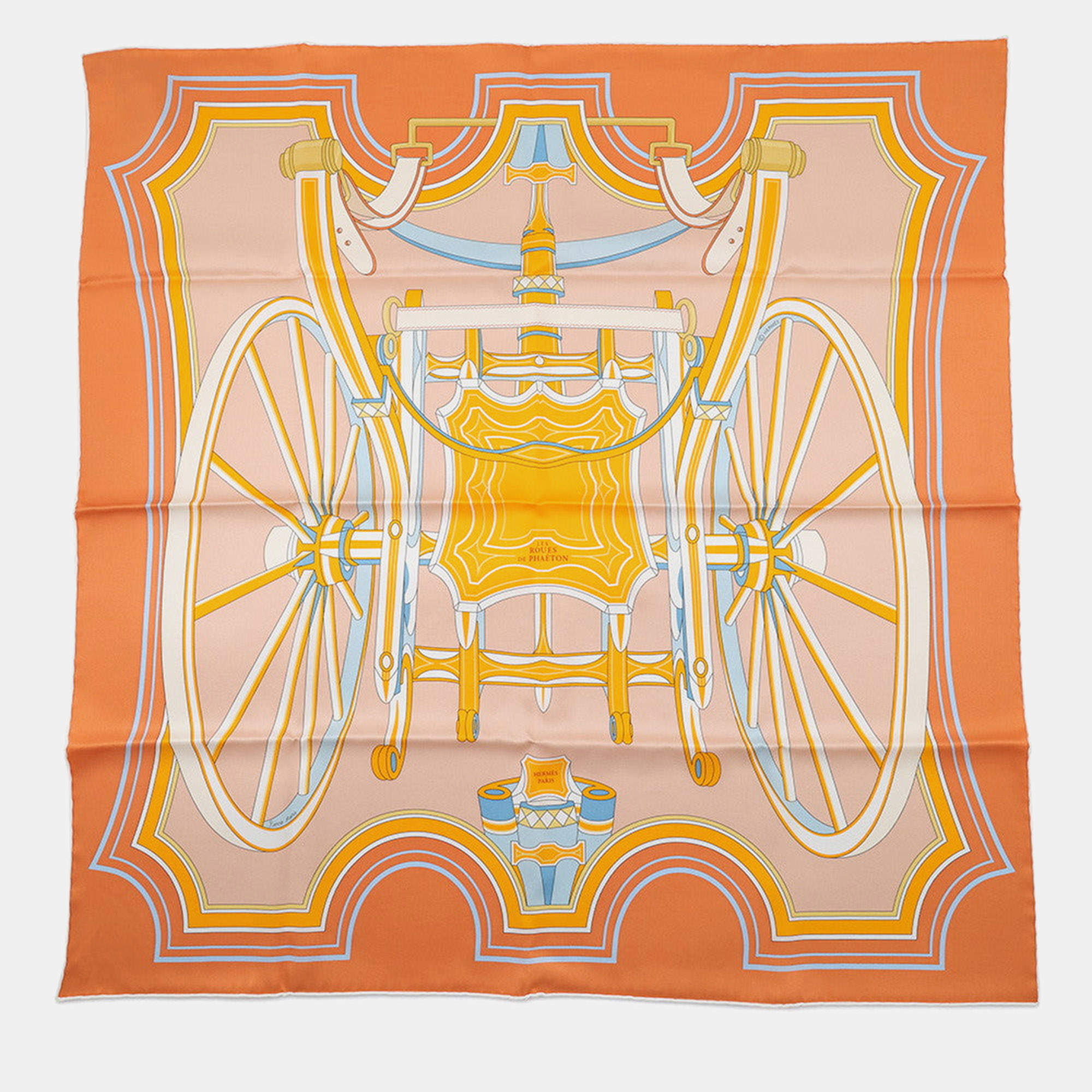 Pre Owned Hermes Carre Les Roues De Phaeton (Wheels Of A Four-Wheeled Carriage) Size 70 Orange Cui / Poodle / Soleil Silk100%