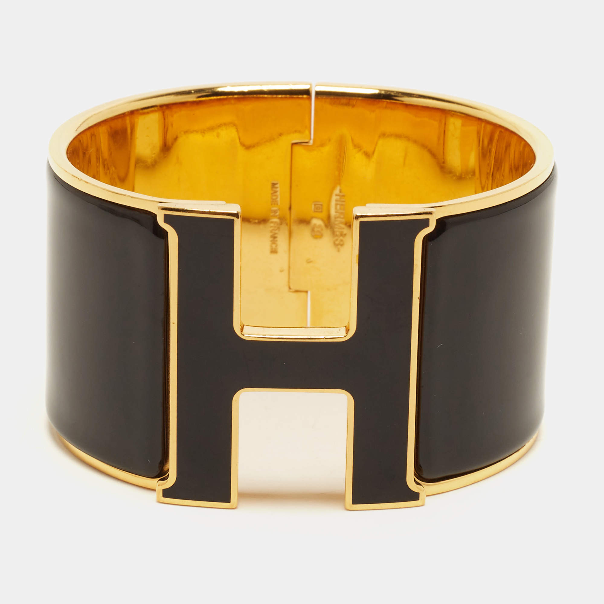 مملوكة مسبقًا Hermès Clic Clac H Black Enamel Gold Plated Extra Wide Bracelet