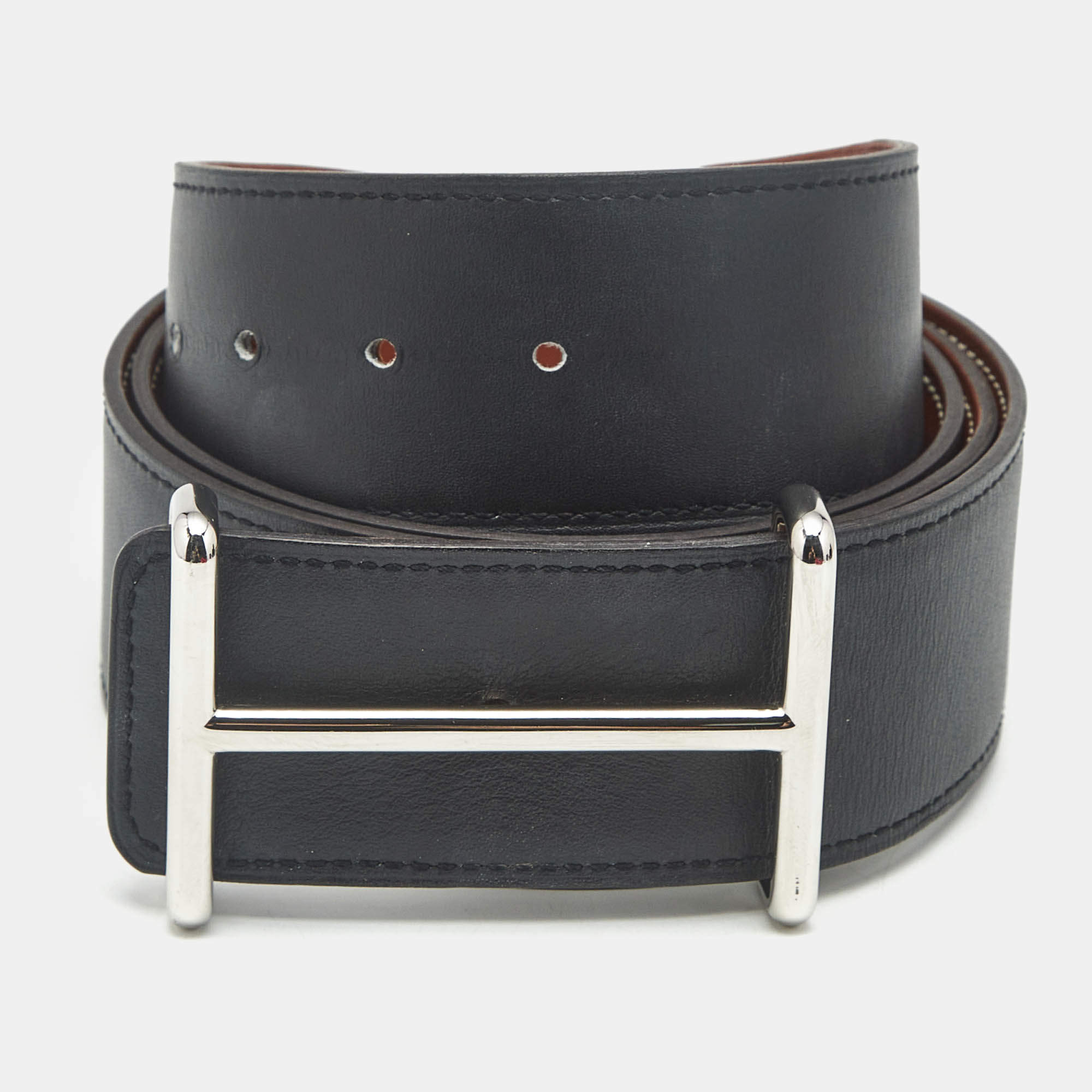 Pre Owned Hermès Idem 95 CM Reversible Buckle Belt Noir/Gold Chamonix and Box Leather