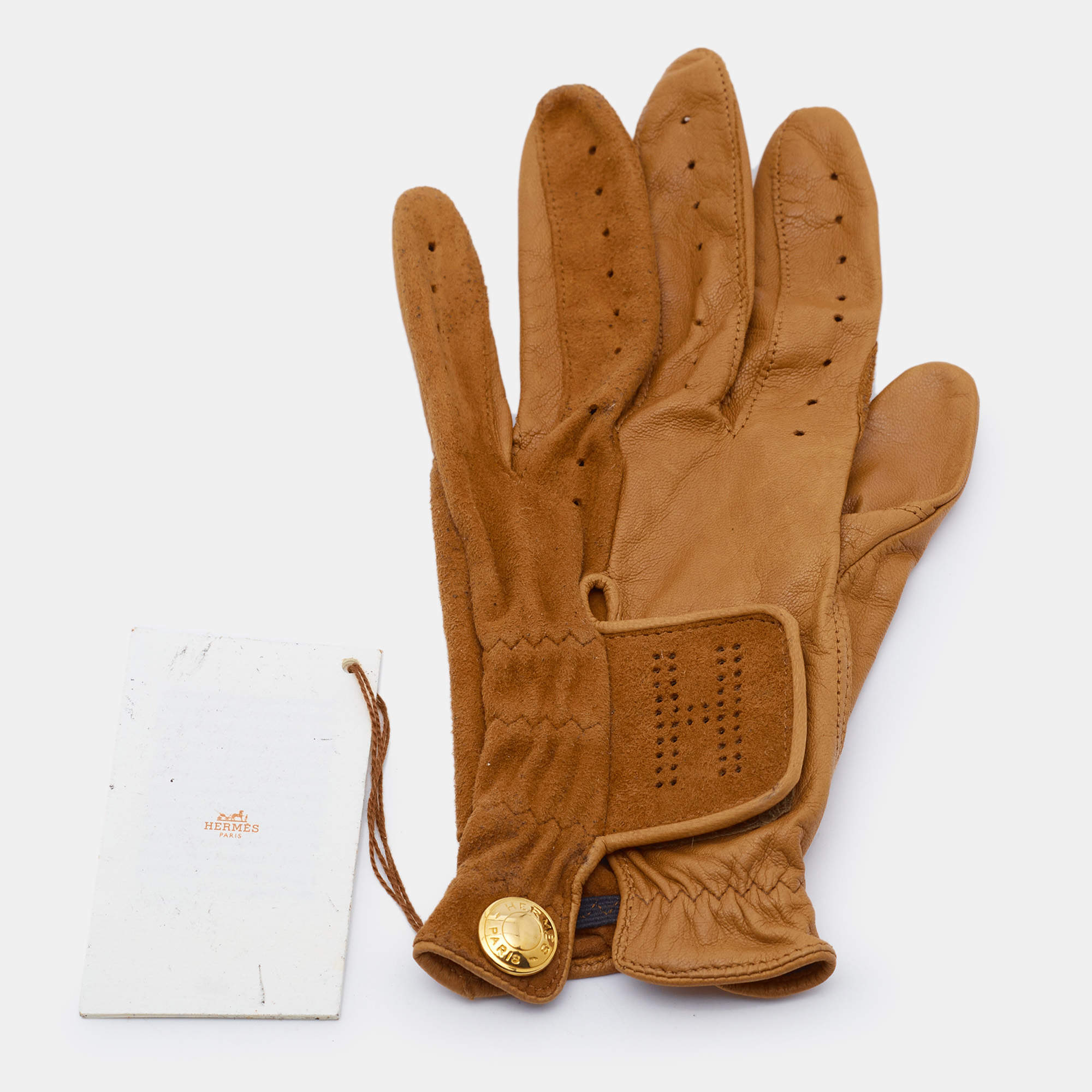 مملوكة مسبقًا Hermès Swing Size 6.5 Golf Gloves Tan Leather and Suede