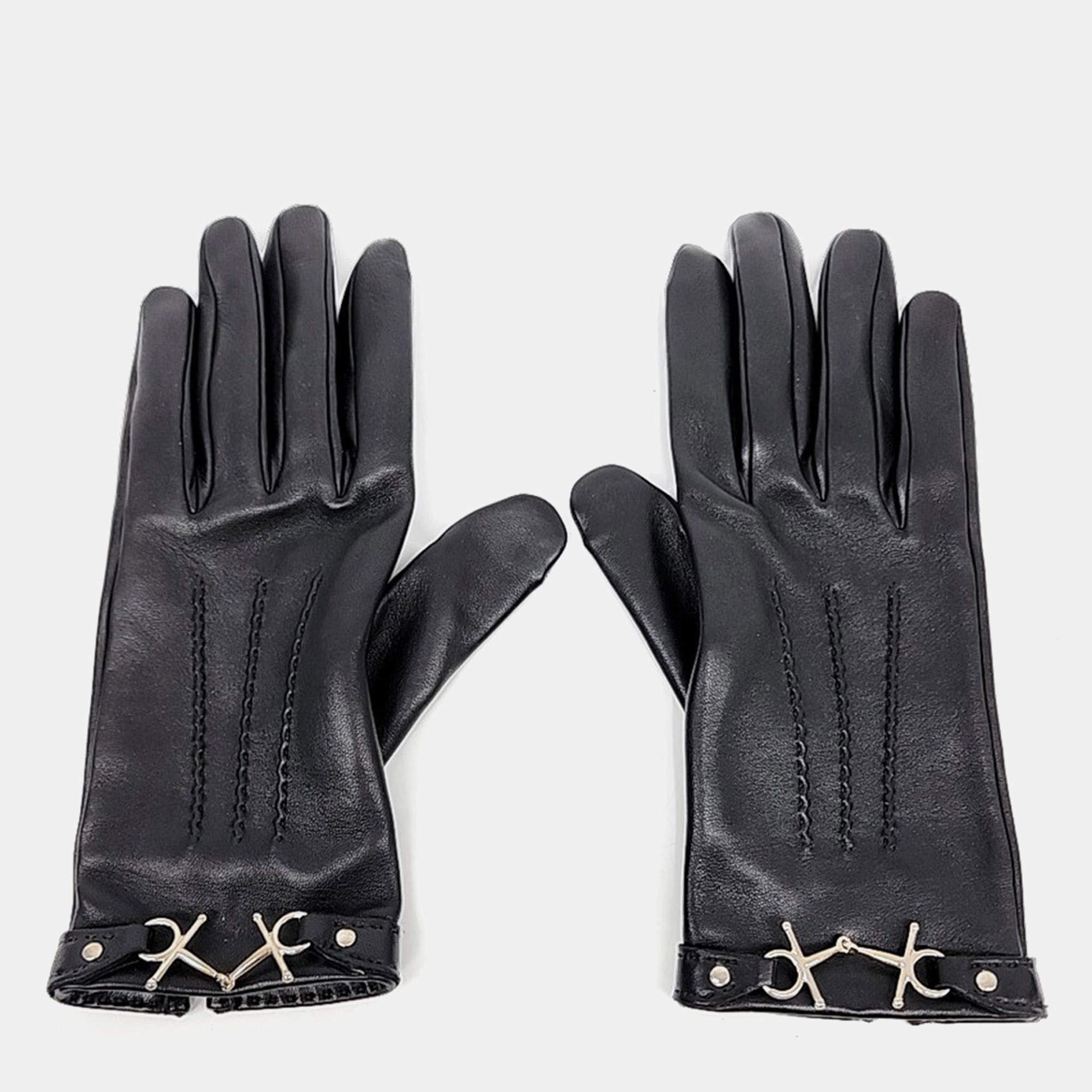 Pre Owned Hermes Black Leather Gloves