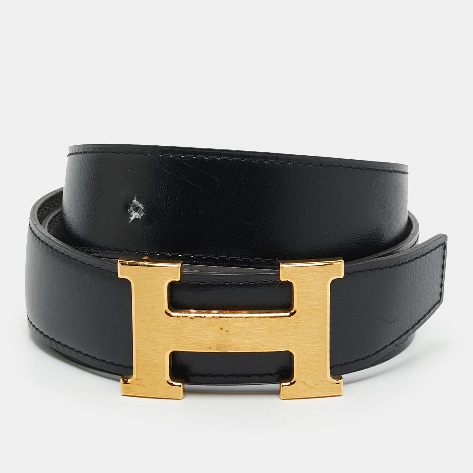 Pre Owned Hermes H Buckle 80CM Buckle Belt Black/Etain Togo and Box Leather
