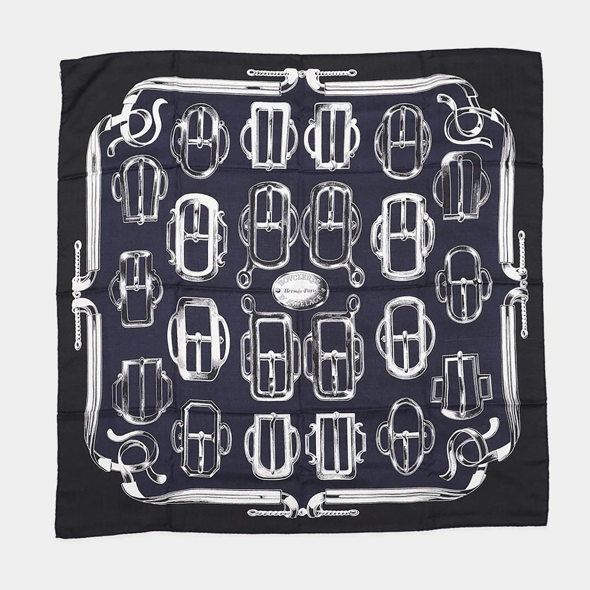 Pre Owned Hermes Carre H Attrage Buckle Size 100 Marine/Black/White Cashmere70% 30%