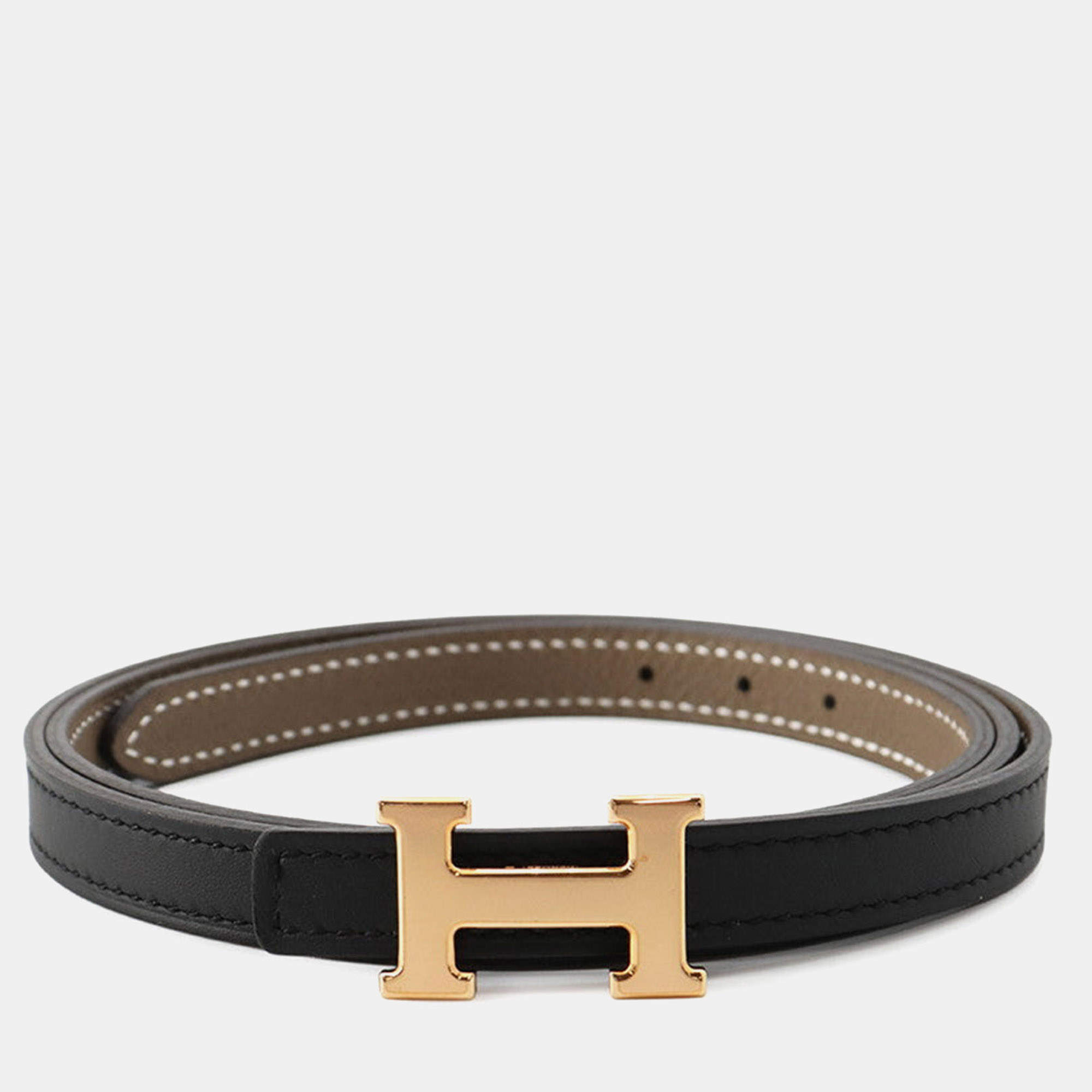 Pre Owned Hermes Belt Buckle Mini H & Reversible Belt 13 Size 85 Black/Etoupe Epsom Swift Leather