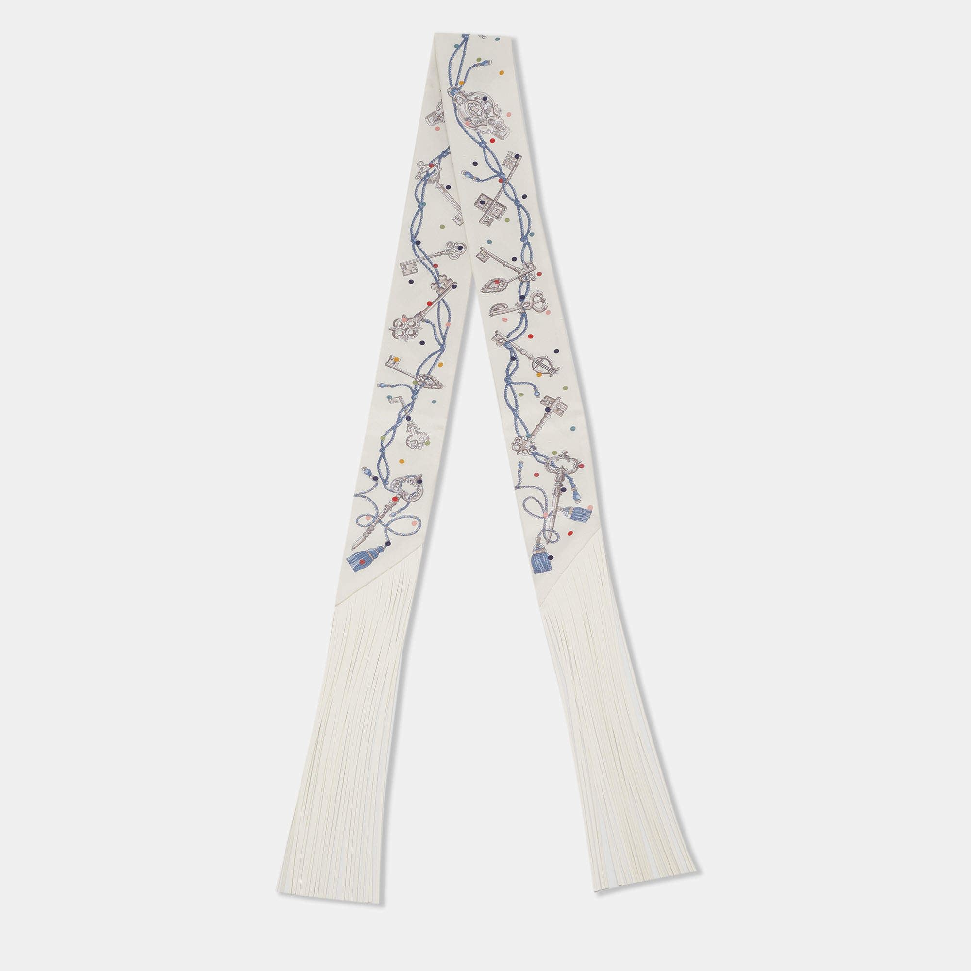 Pre Owned Hermes White Les Cles a Pois Silk Leather Fringed Twilly