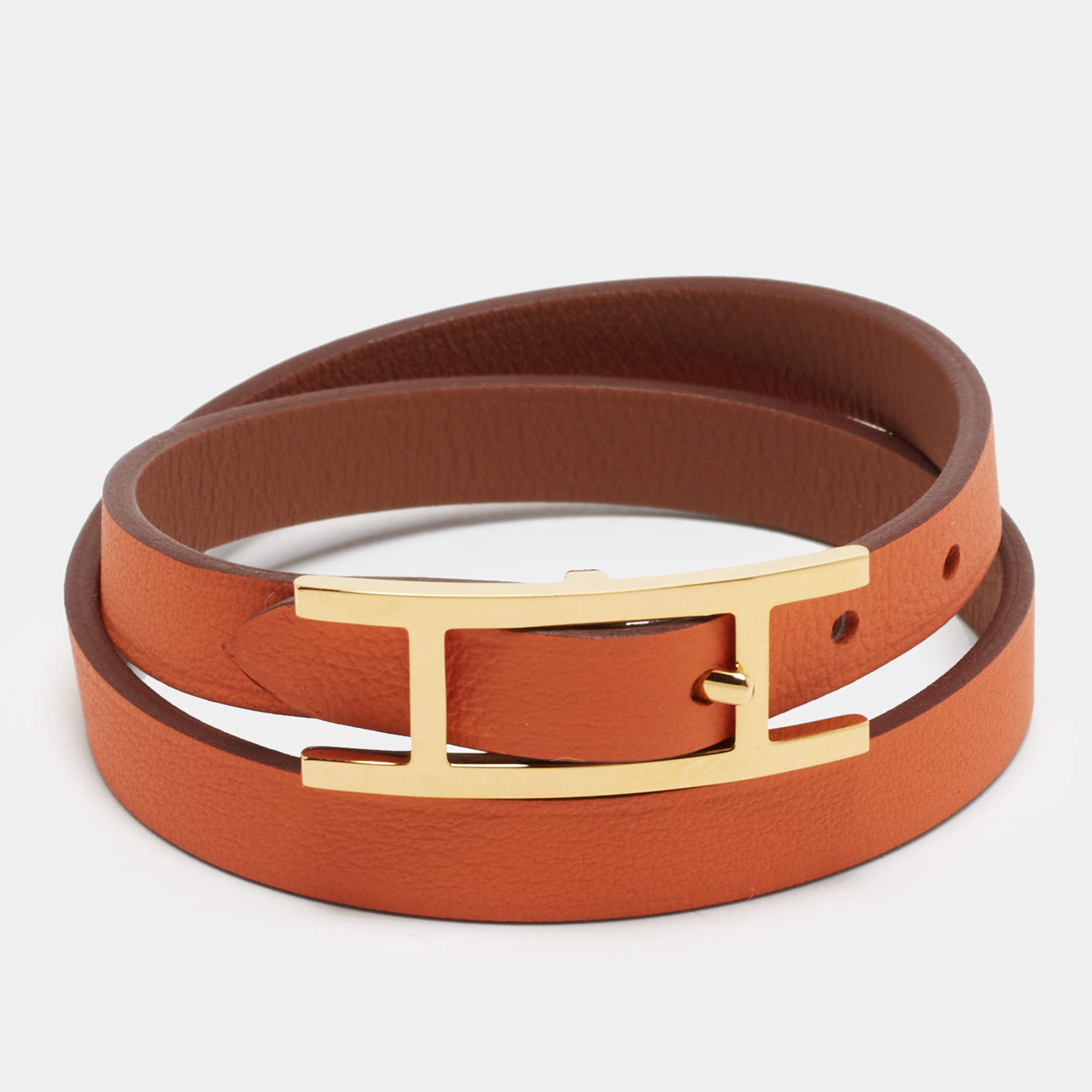 Pre Owned Hermès Behapi Leather Gold Plated Double Tour Bracelet 