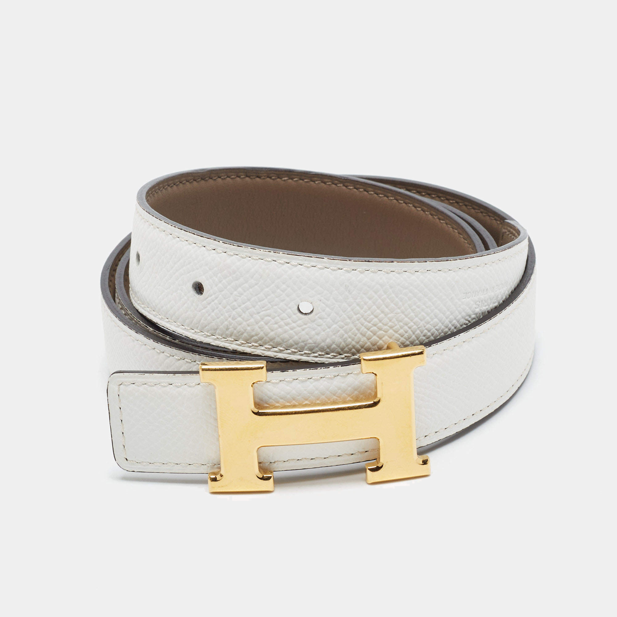 Pre Owned Hermès H 85 CM Reversible Buckle Belt Blanc/Etain Epsom and Swift Leather