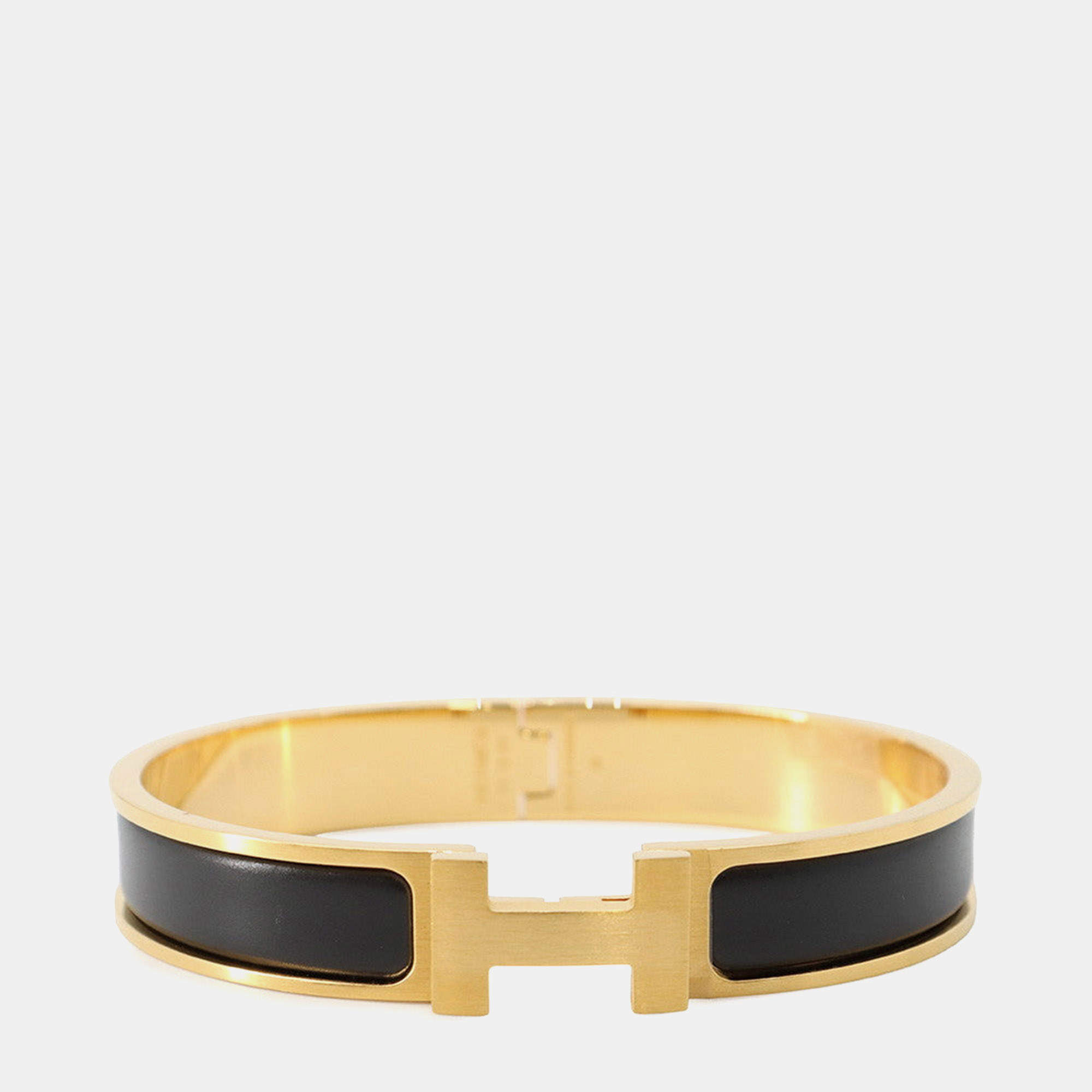 Pre Owned Hermes Clic H PM Black Enamel Gold Plated Women's Bracelet