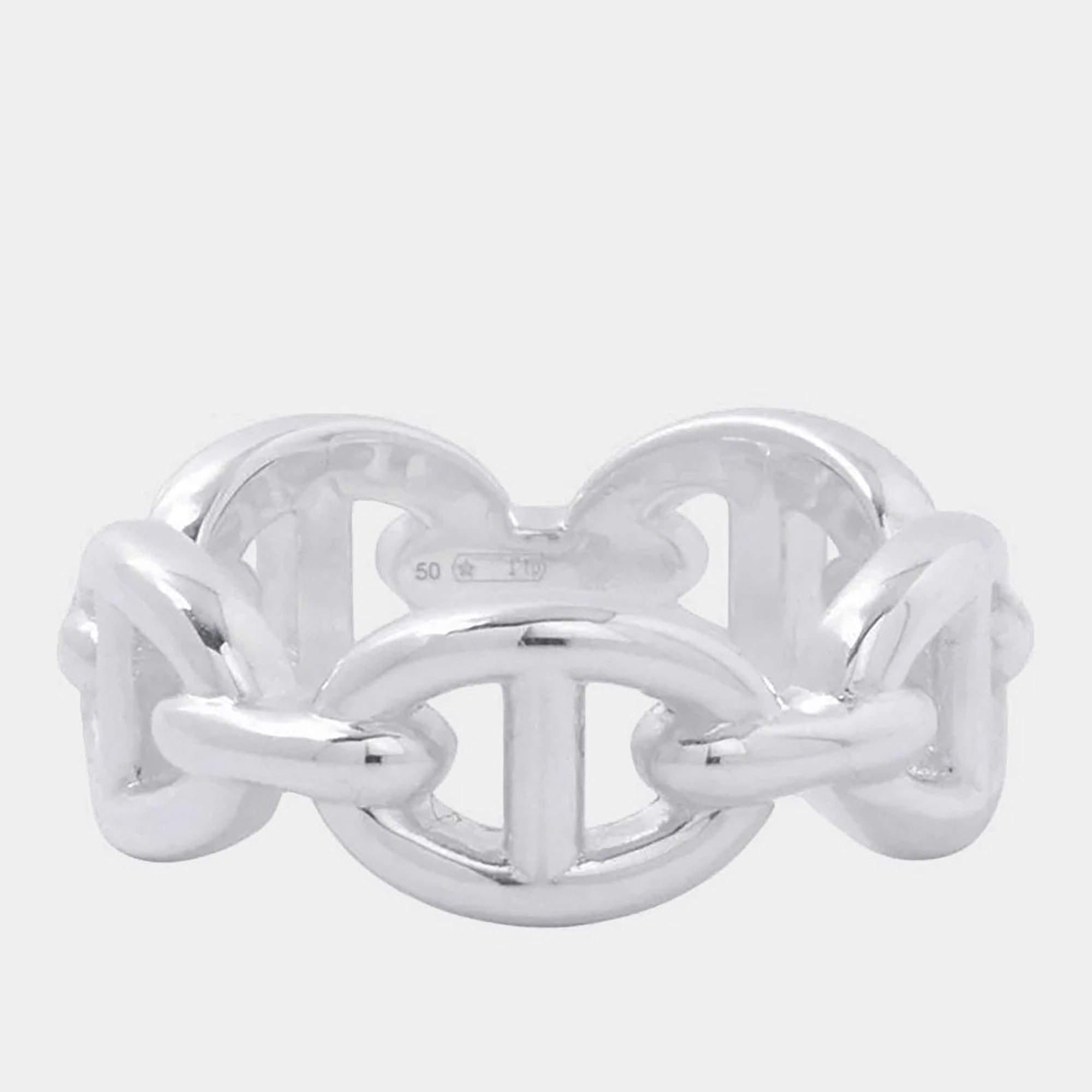 Pre Owned Hermes Chaine d'Ancre Enchainee Ring Sterling Silver Women's Ring Size PM 