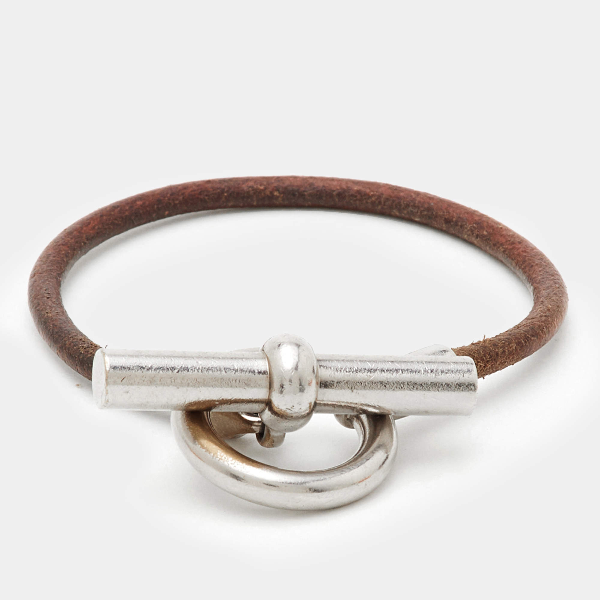 Pre Owned Hermès Glenan H Brown Leather Palladium Plated Bracelet