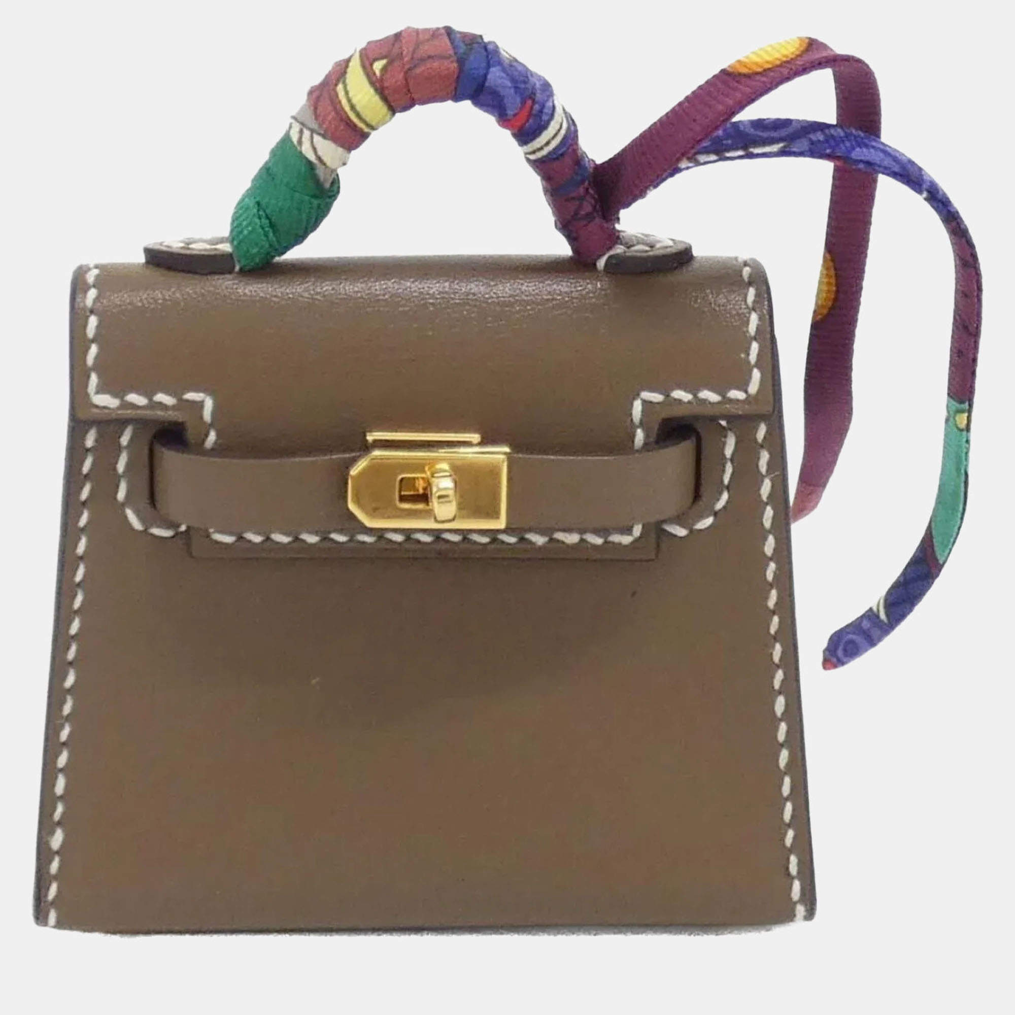 Pre Owned Hermes Kelly Twilly Etoupe Tadelakt Leather Silk Bag Charm