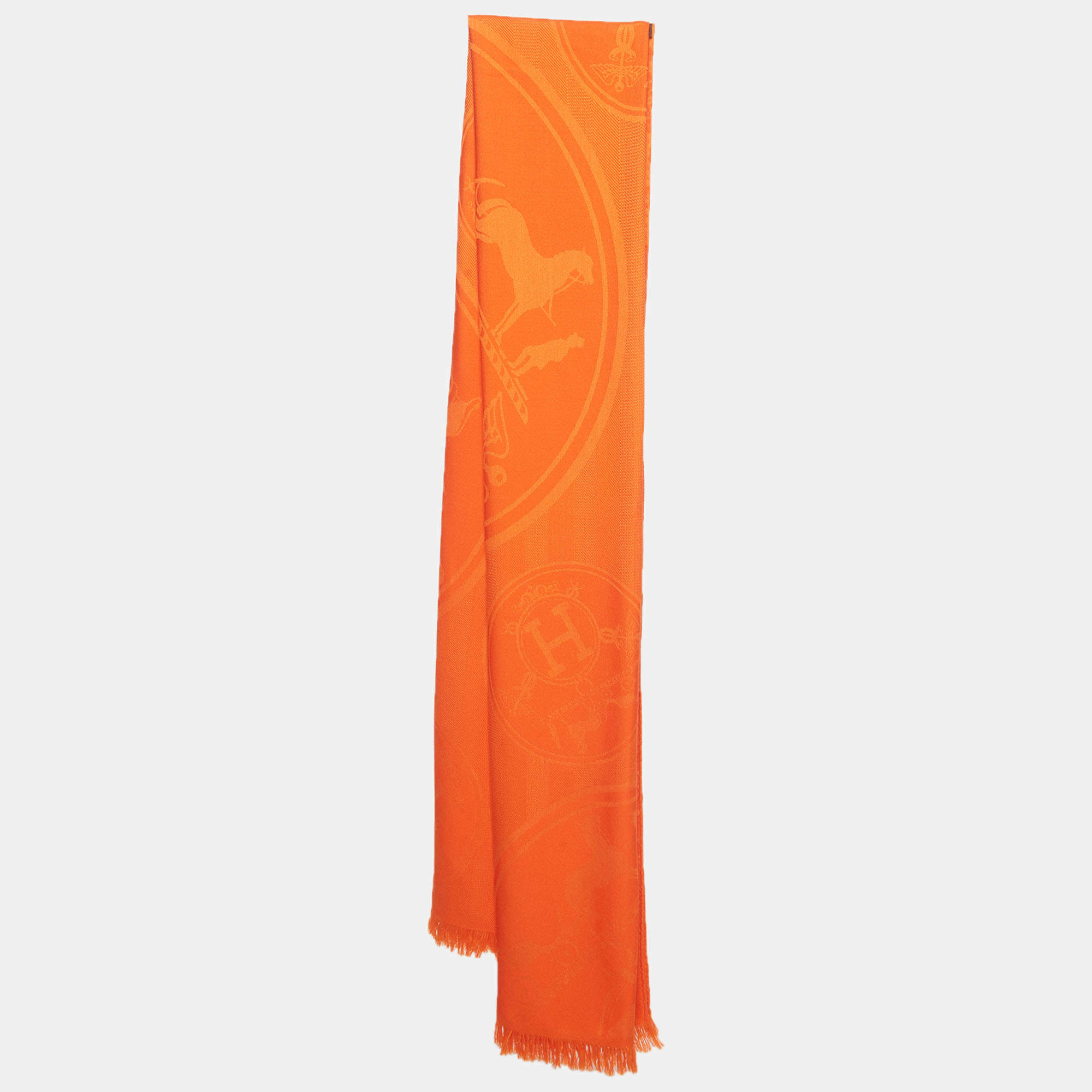 Pre Owned Hermès Orange New Libris Cashmere Silk Blend Stole