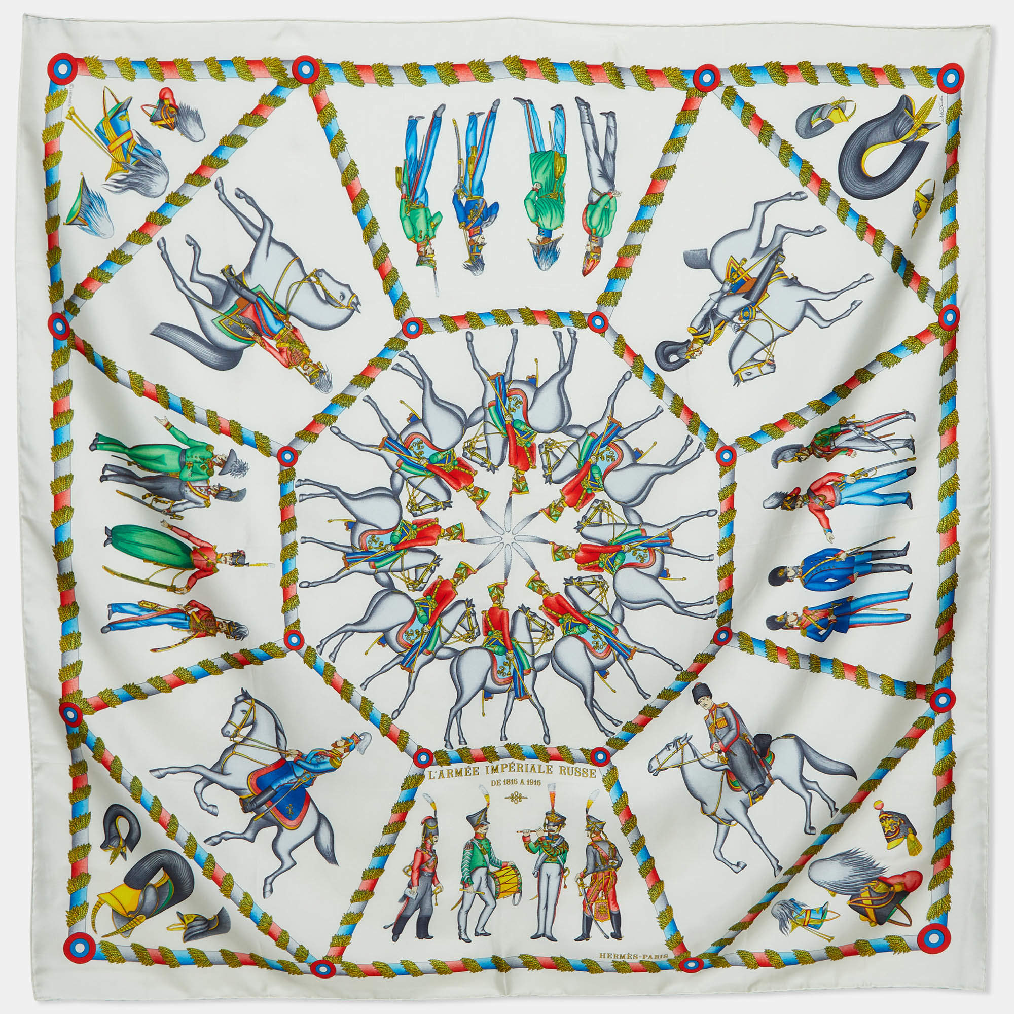 Pre Owned Hermes Vintage White L'Armee Imperiale Russe Silk Scarf
