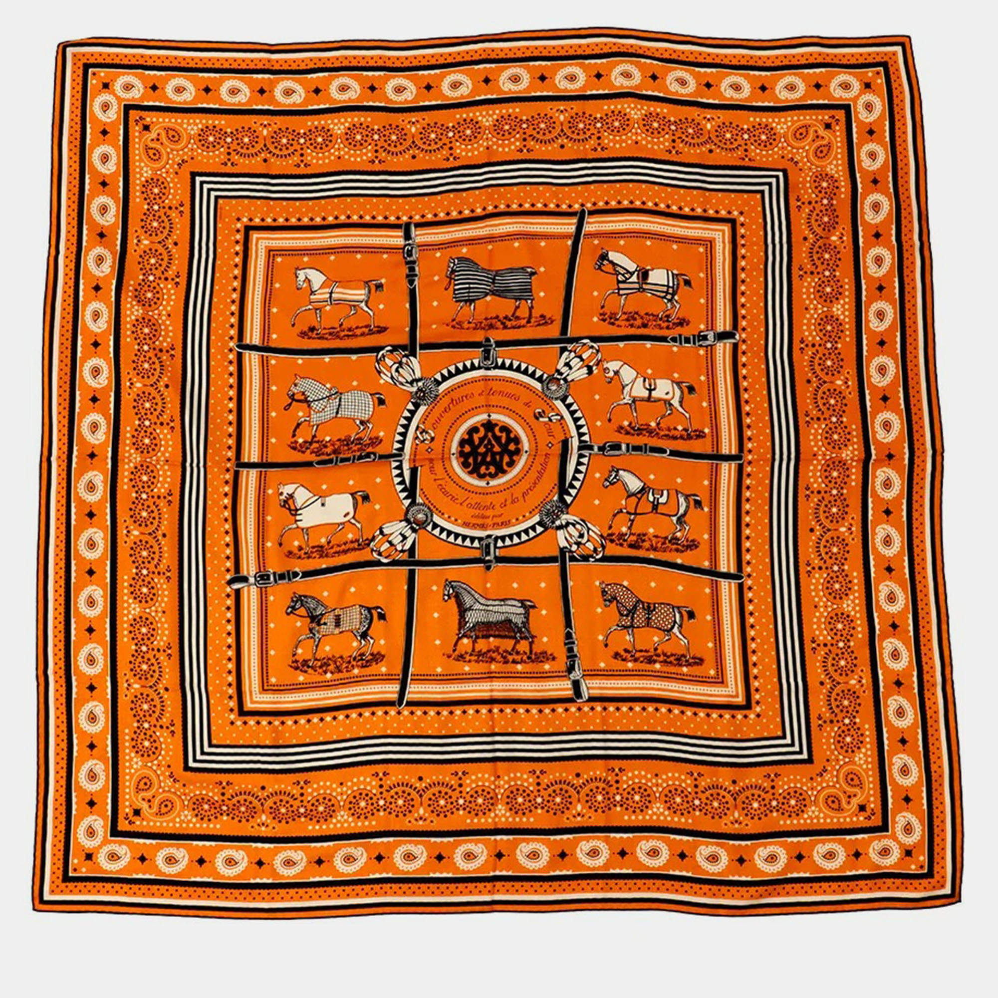 Pre Owned HERMES Giant Square Horsewear/Bandana COUVERTURES ET TENUES DE JOUR BANDANA Size 140 Orange/Black/Blanc Cashmere, Silk