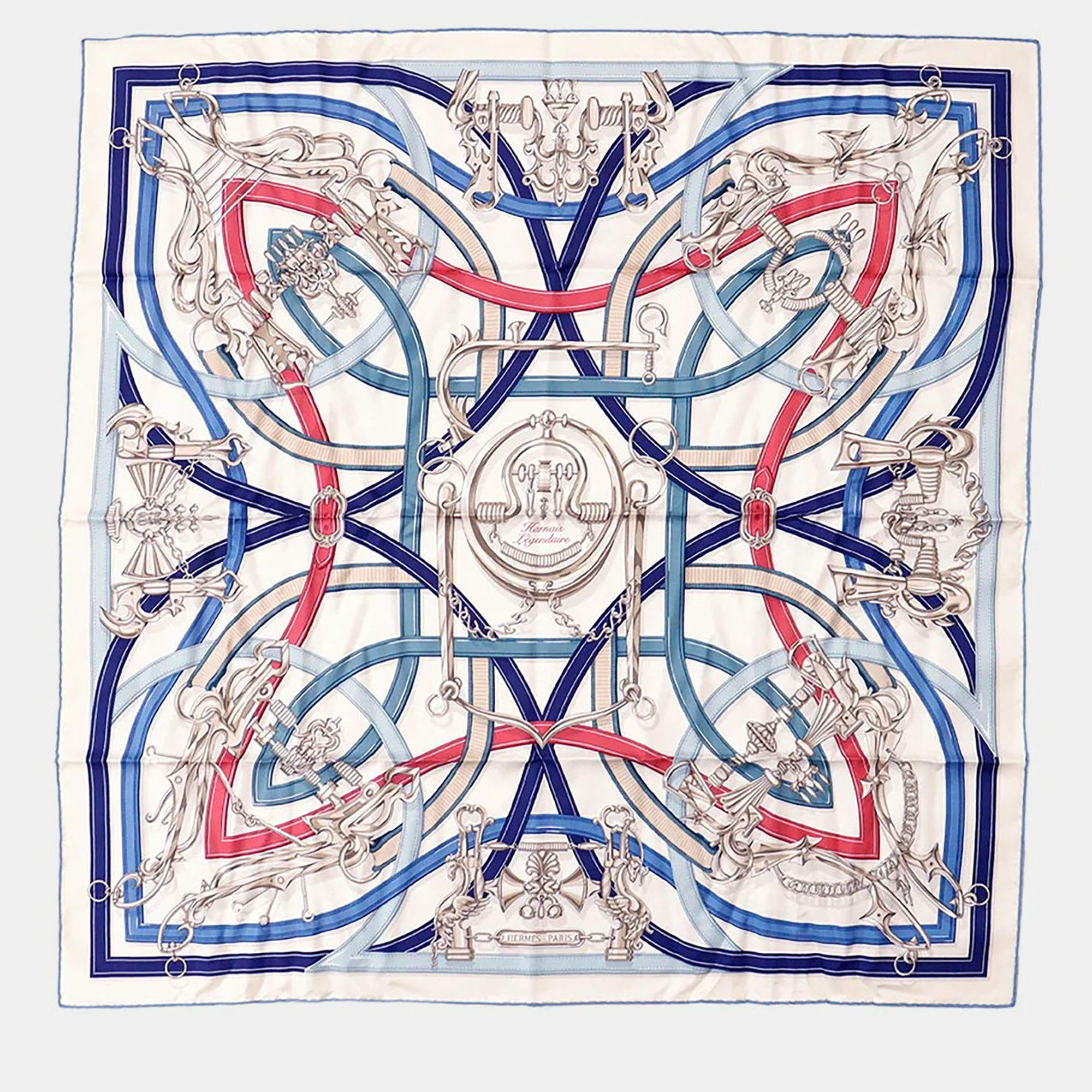 Pre Owned HERMES Carre Legendary Harness Size 90 White/Blue Jean/Bois de Rose Silk