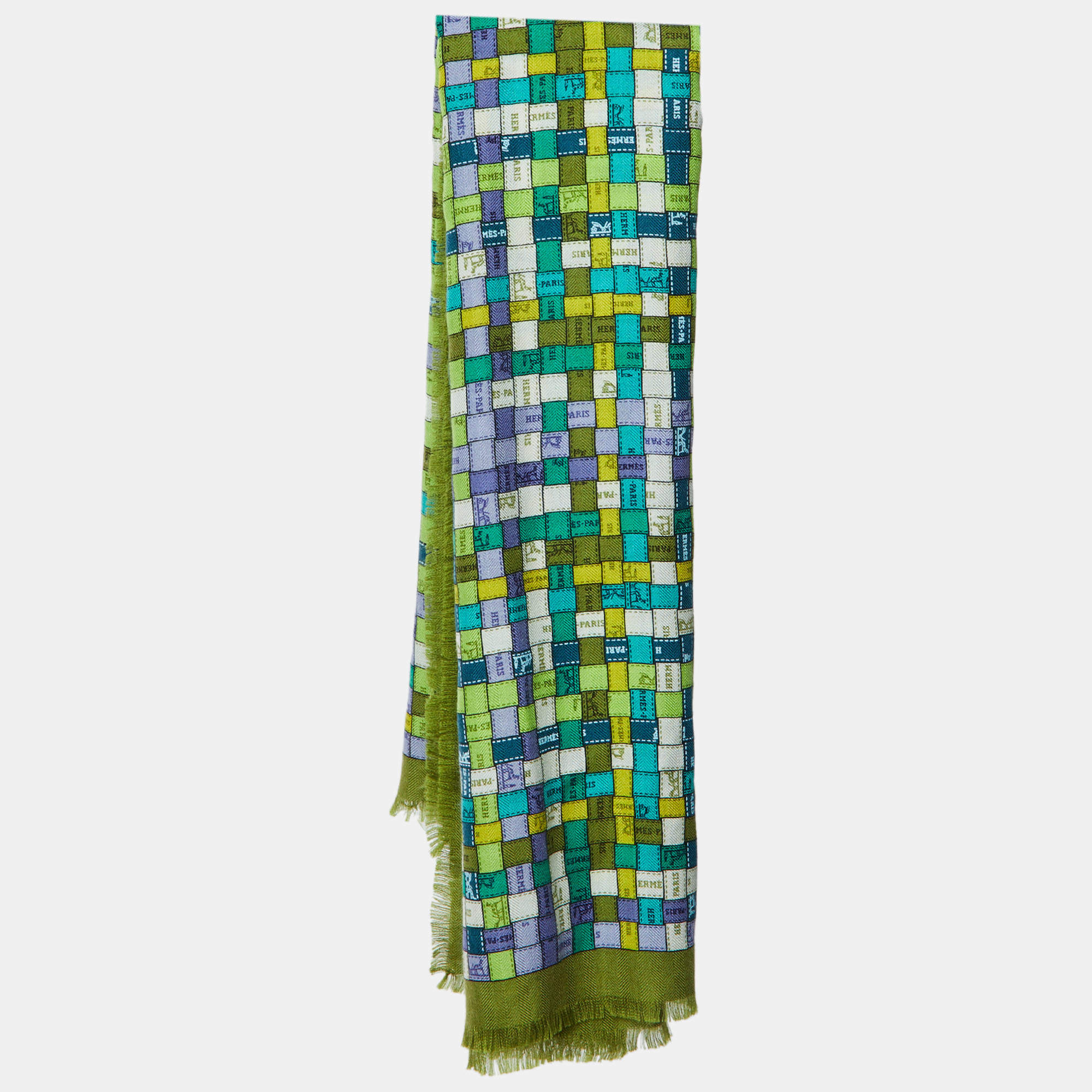 Pre Owned Hermes Green Bolduc au Carre Cashmere & Silk Fringe Scarf