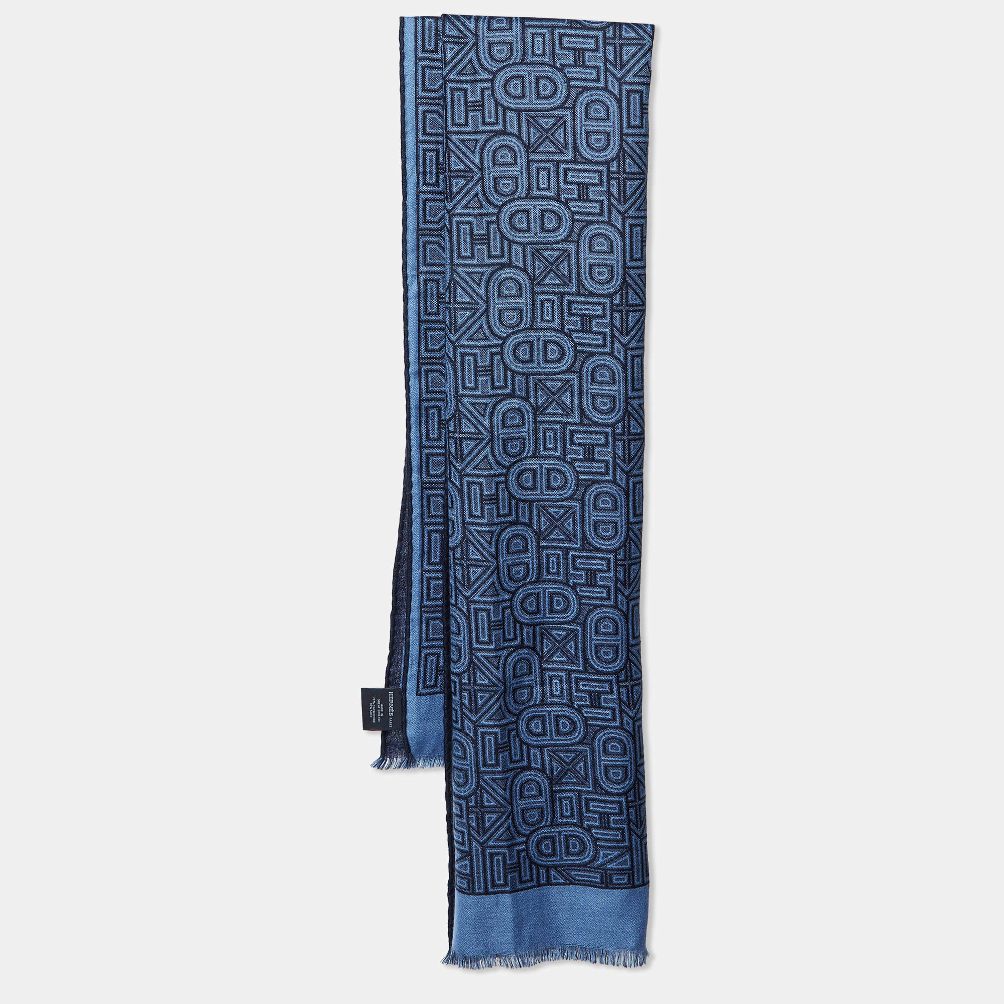 Pre Owned Hermes Blue Geometric H Pattern Cashmere & Silk Scarf