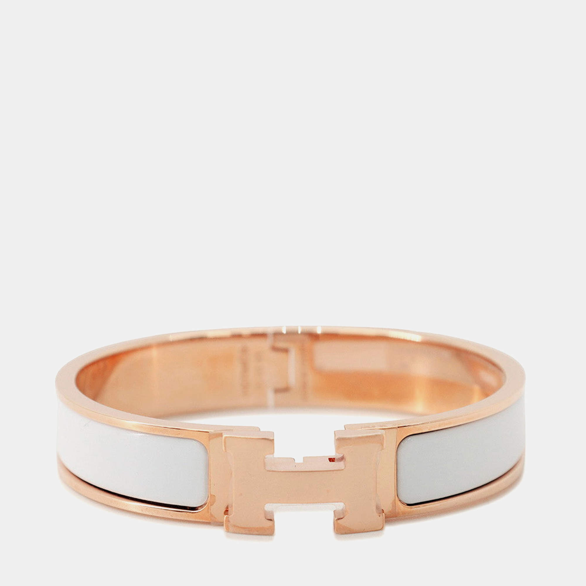 Pre Owned HERMES Clic H Bangle Size PM White Lacquer Gold Plated