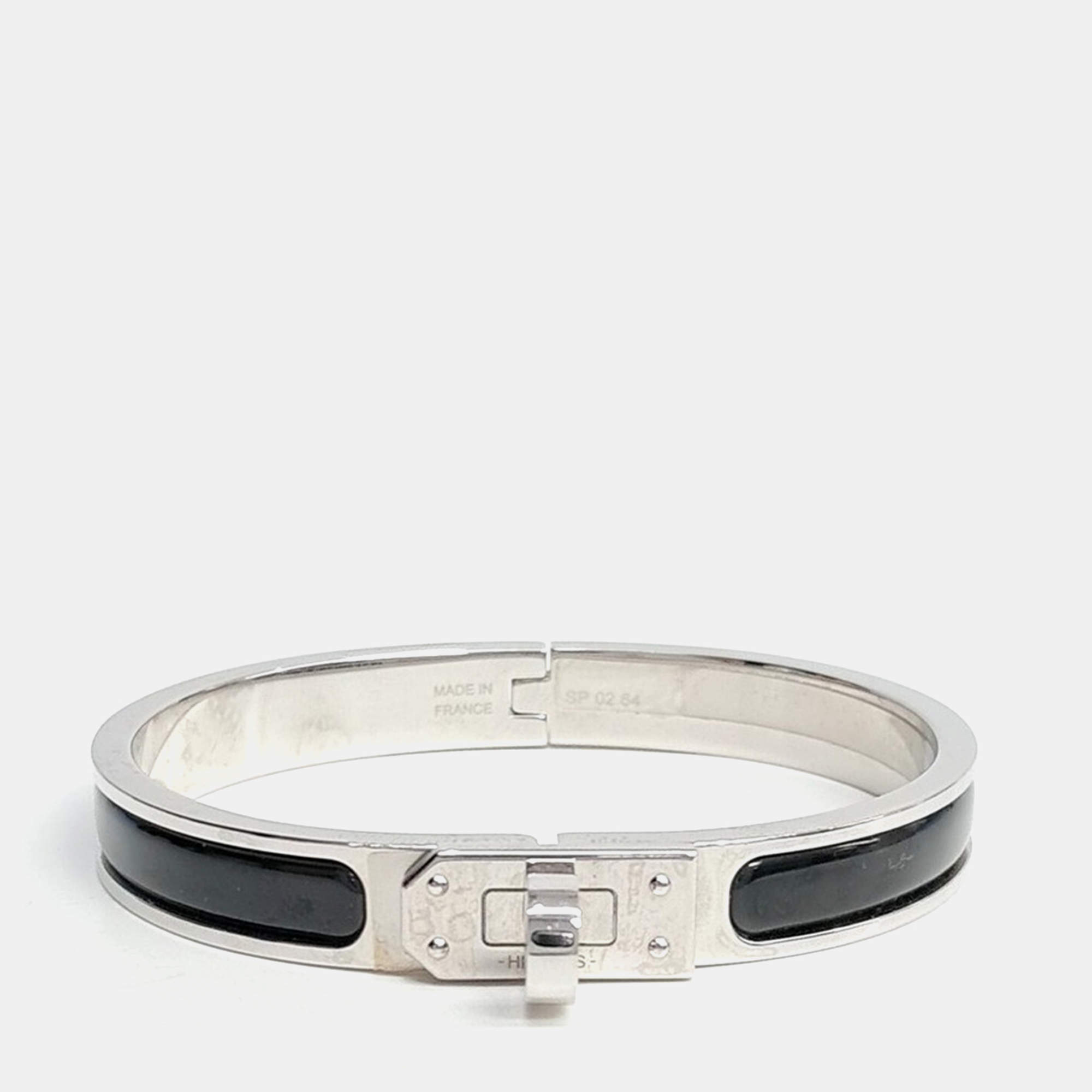 مملوكة مسبقًا Hermes Mini Kelly SP 02 64 Silver-Tone Metal Black Enamel Bracelet