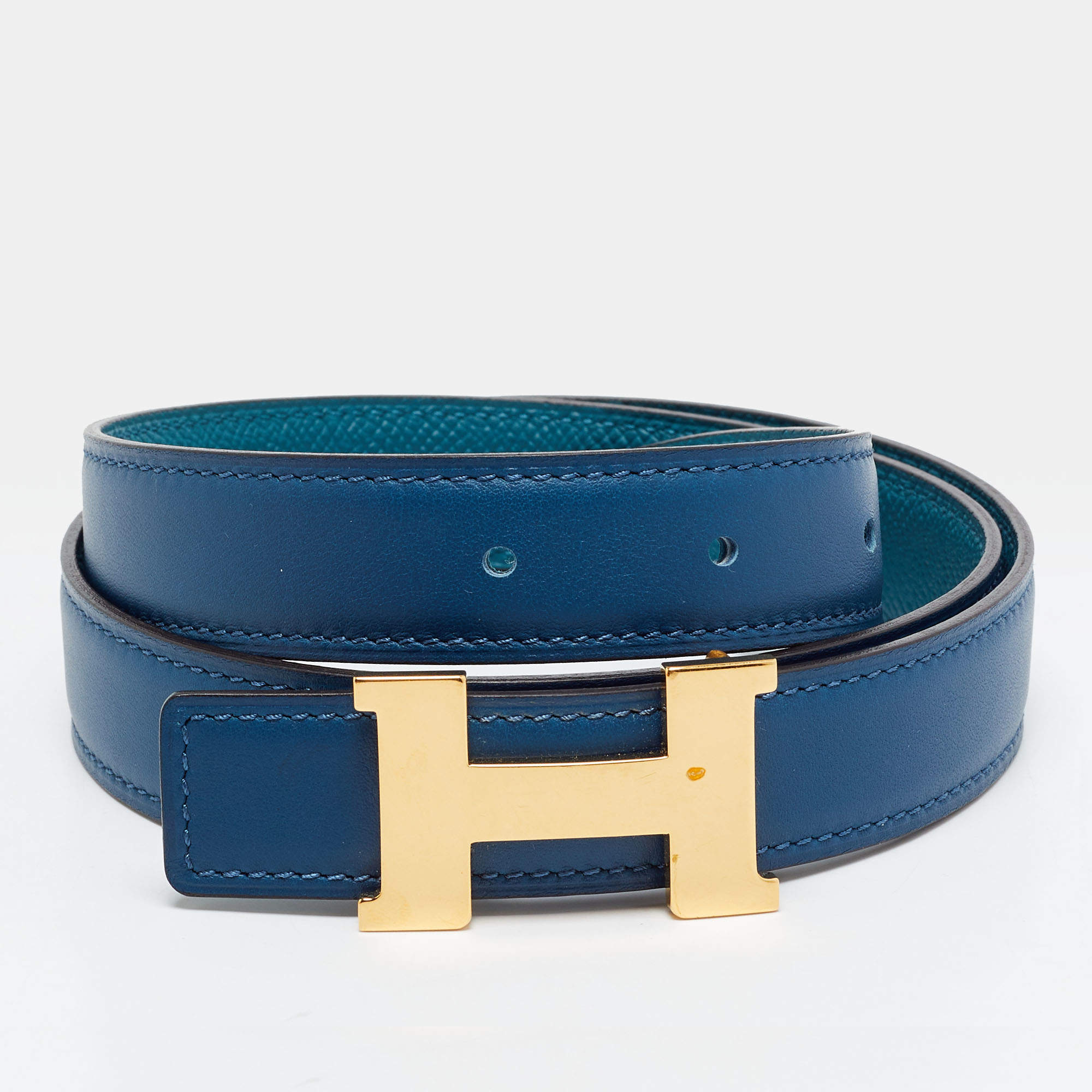 مملوكة مسبقًا Hermès Constance 75 CM Reversible Buckle Belt Deep Bleu/Vert Bosphore Swift and Epsom Leather