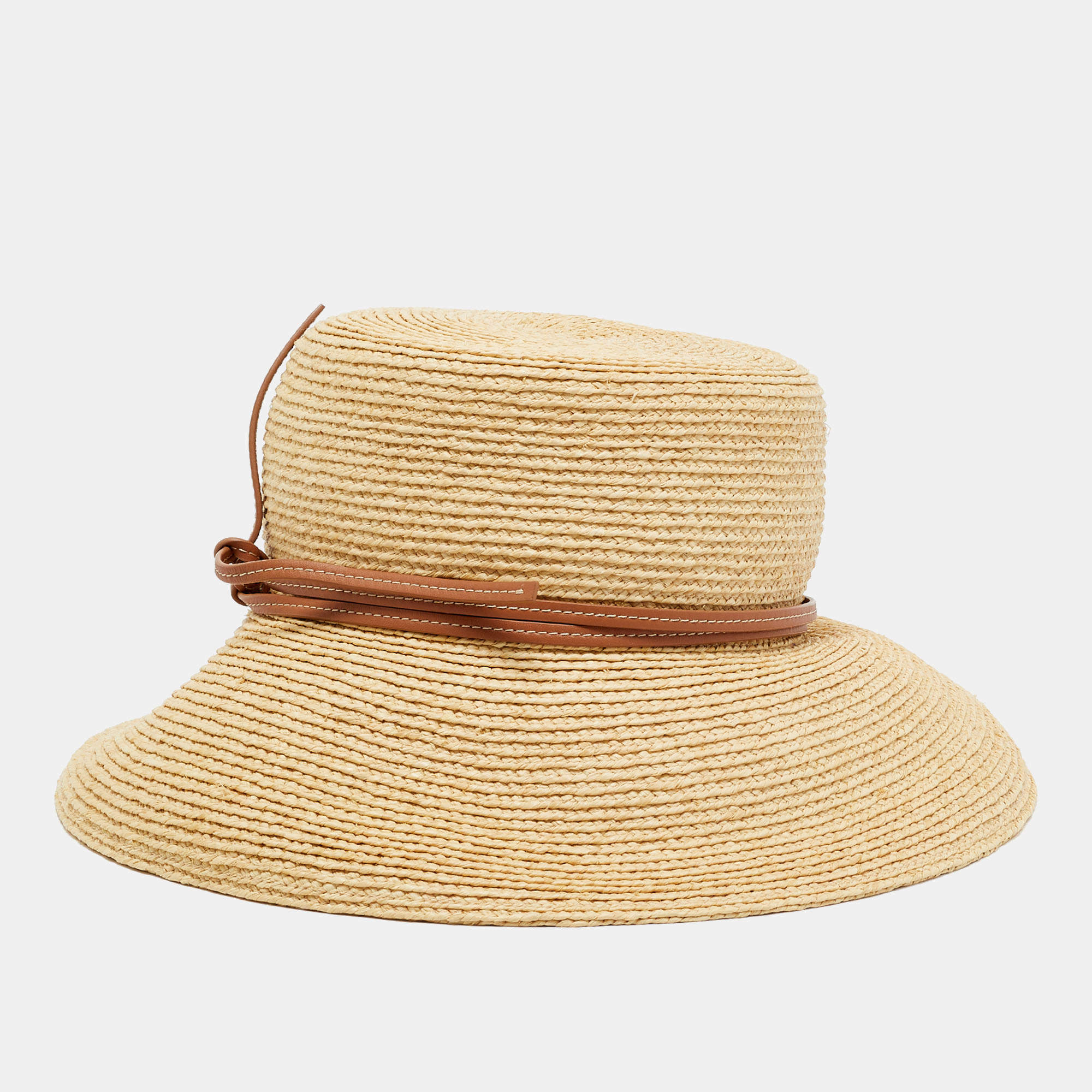 Pre Owned Hermès Beige Leather Trim Straw Isola Hat Size 57