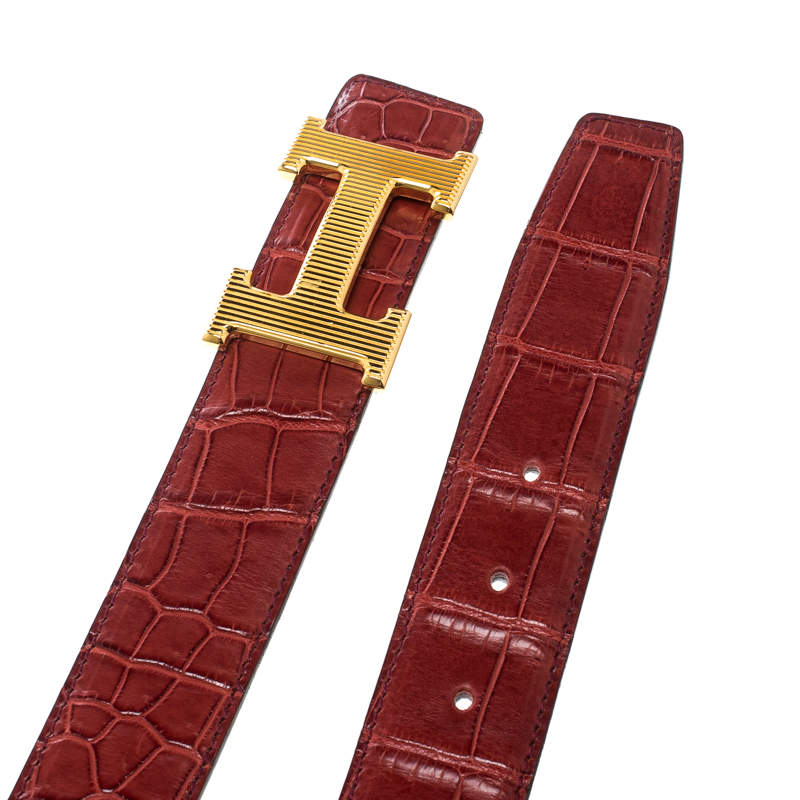 (Exotic) Hermes Malachite Porosus Croco Leather Belt (Stamp T) 85cm with  Gold Buckle, with Box