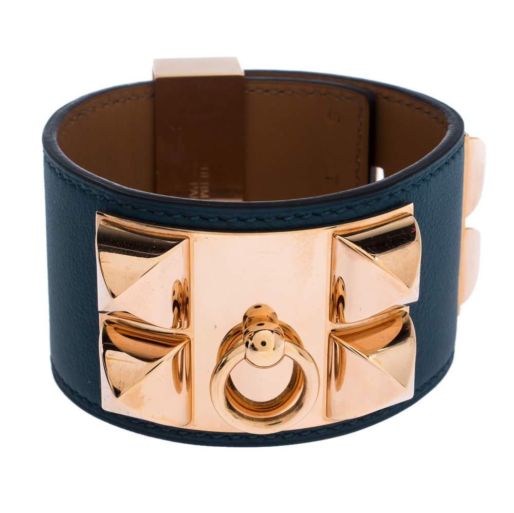 Pre Owned Hermes Collier De Chien Malachite Green Leather Rose Gold Plated Cuff Bracelet