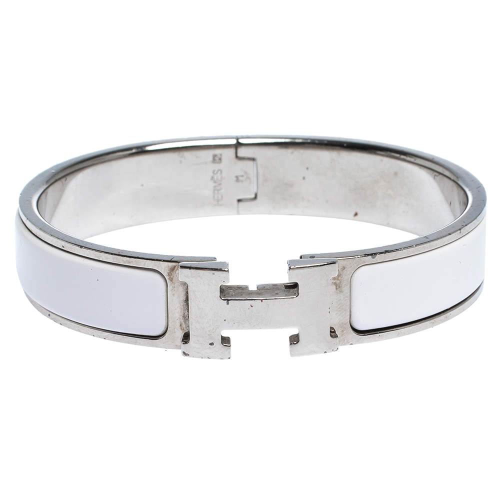 Pre Owned Hermes Clic H White Enamel Palladium Plated Narrow Bracelet PM