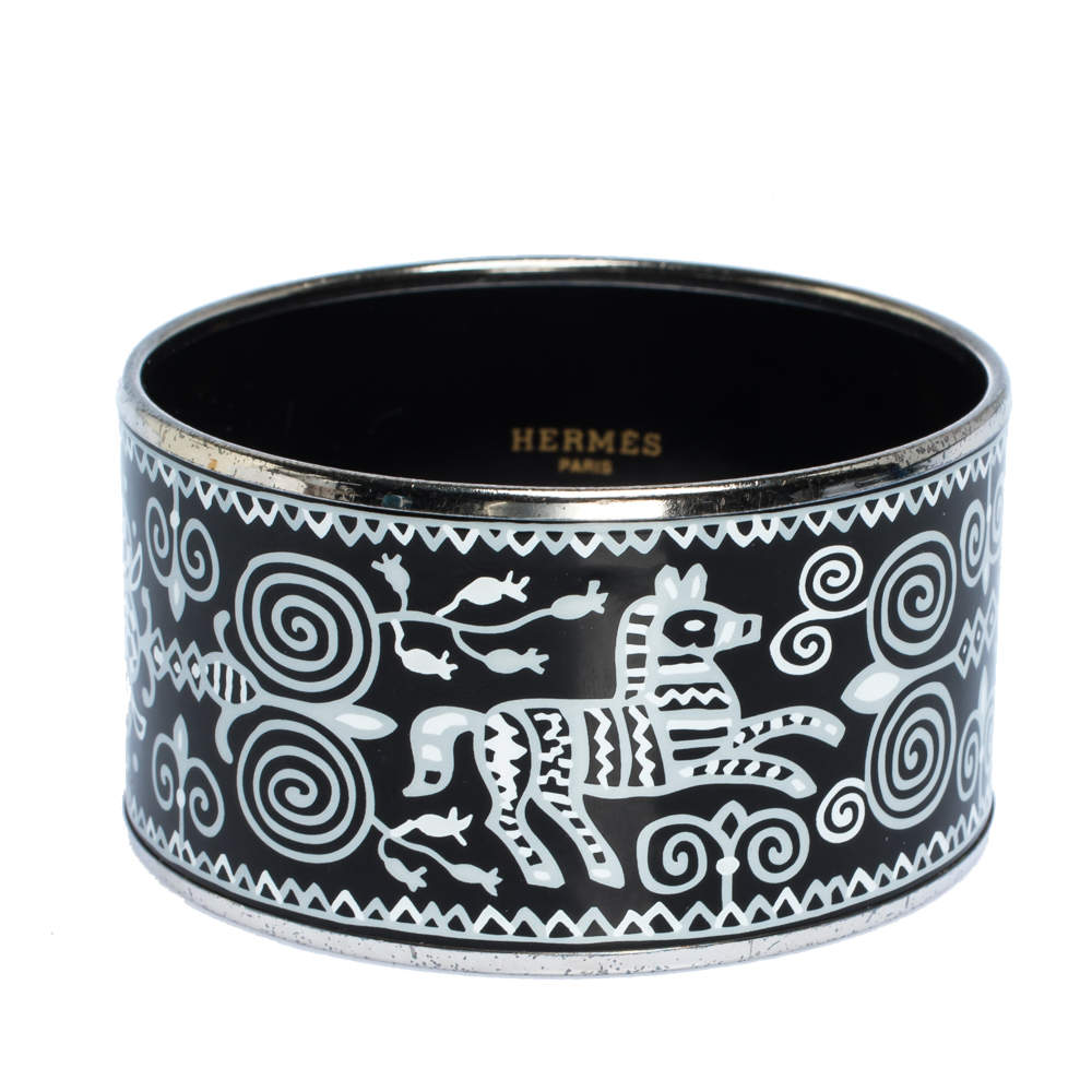 Pre Owned Hermes Black and White Enamel Palladium Plated Extra Wide Bangle Bracelet