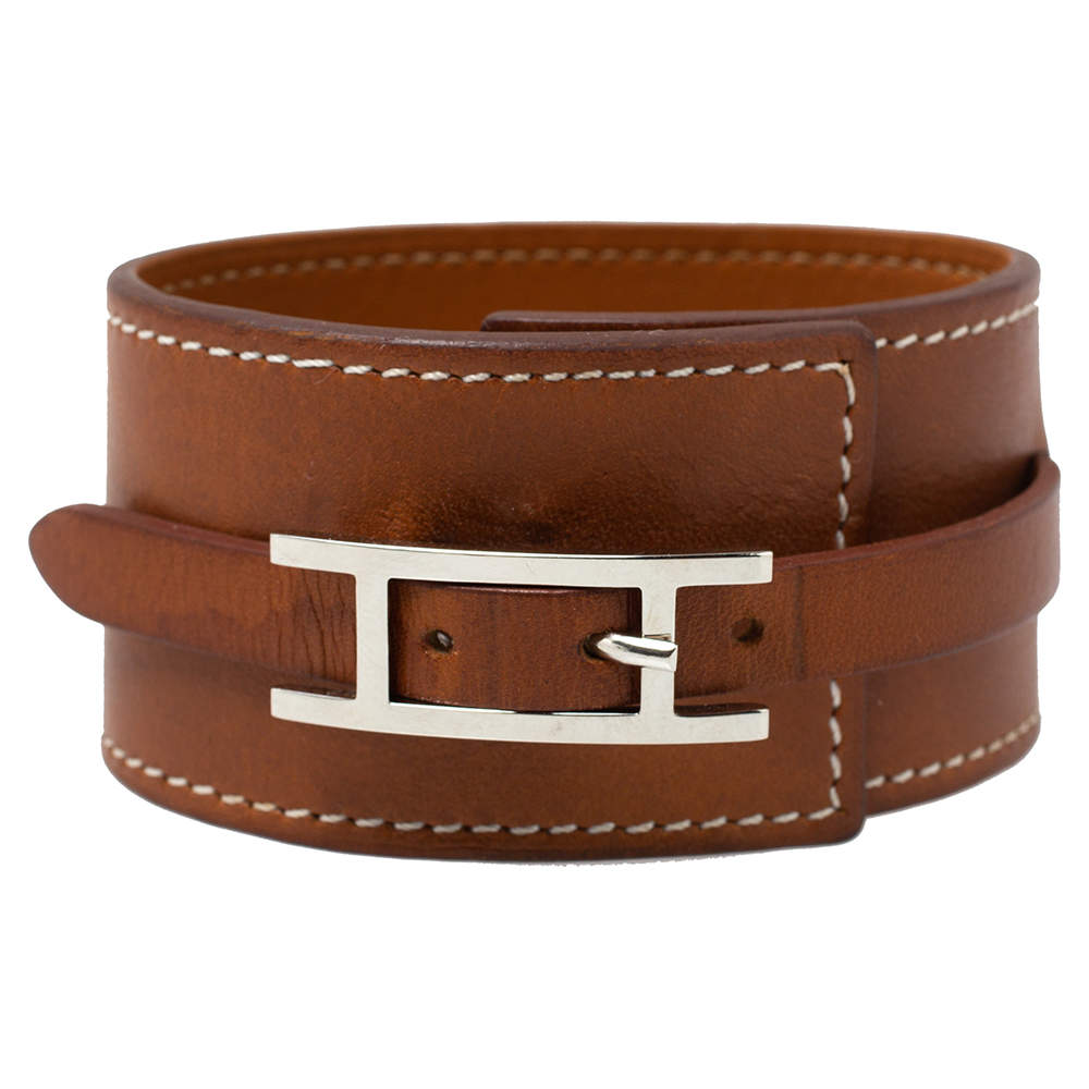 Pre Owned Hermès Tan Brown Leather Wide Hapi Bracelet M